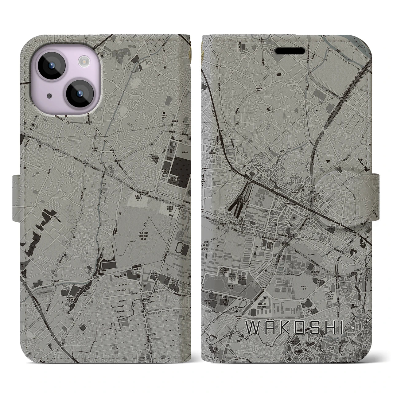【和光市(埼玉県)】地図柄iPhoneケース(手帳タイプ)モノトーン・iPhone 14 用