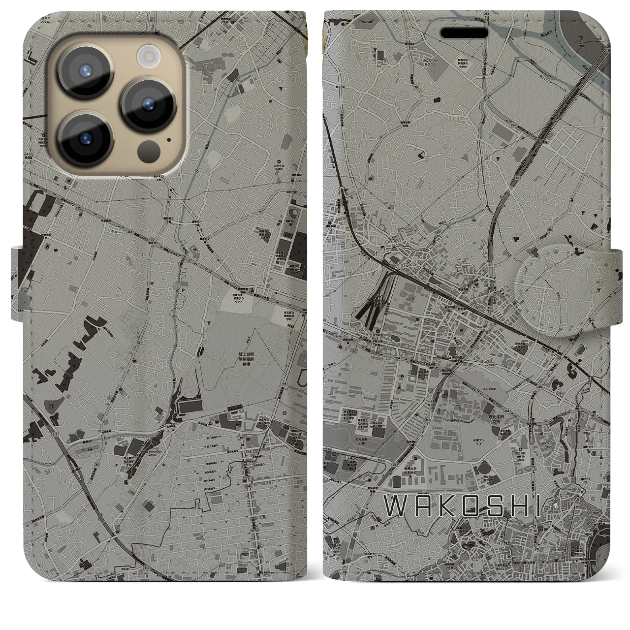 【和光市(埼玉県)】地図柄iPhoneケース(手帳タイプ)モノトーン・iPhone 14 Pro Max 用
