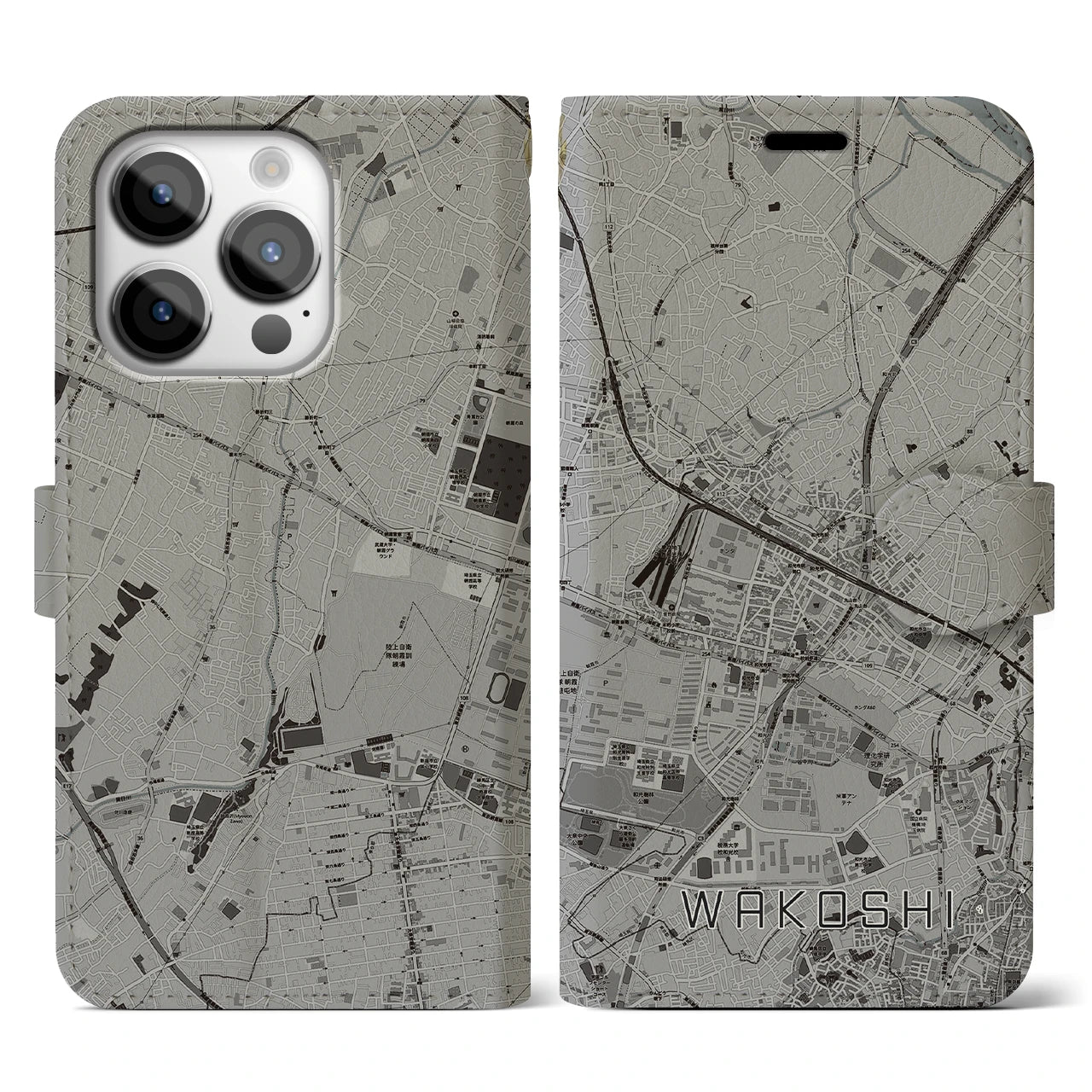 【和光市(埼玉県)】地図柄iPhoneケース(手帳タイプ)モノトーン・iPhone 14 Pro 用