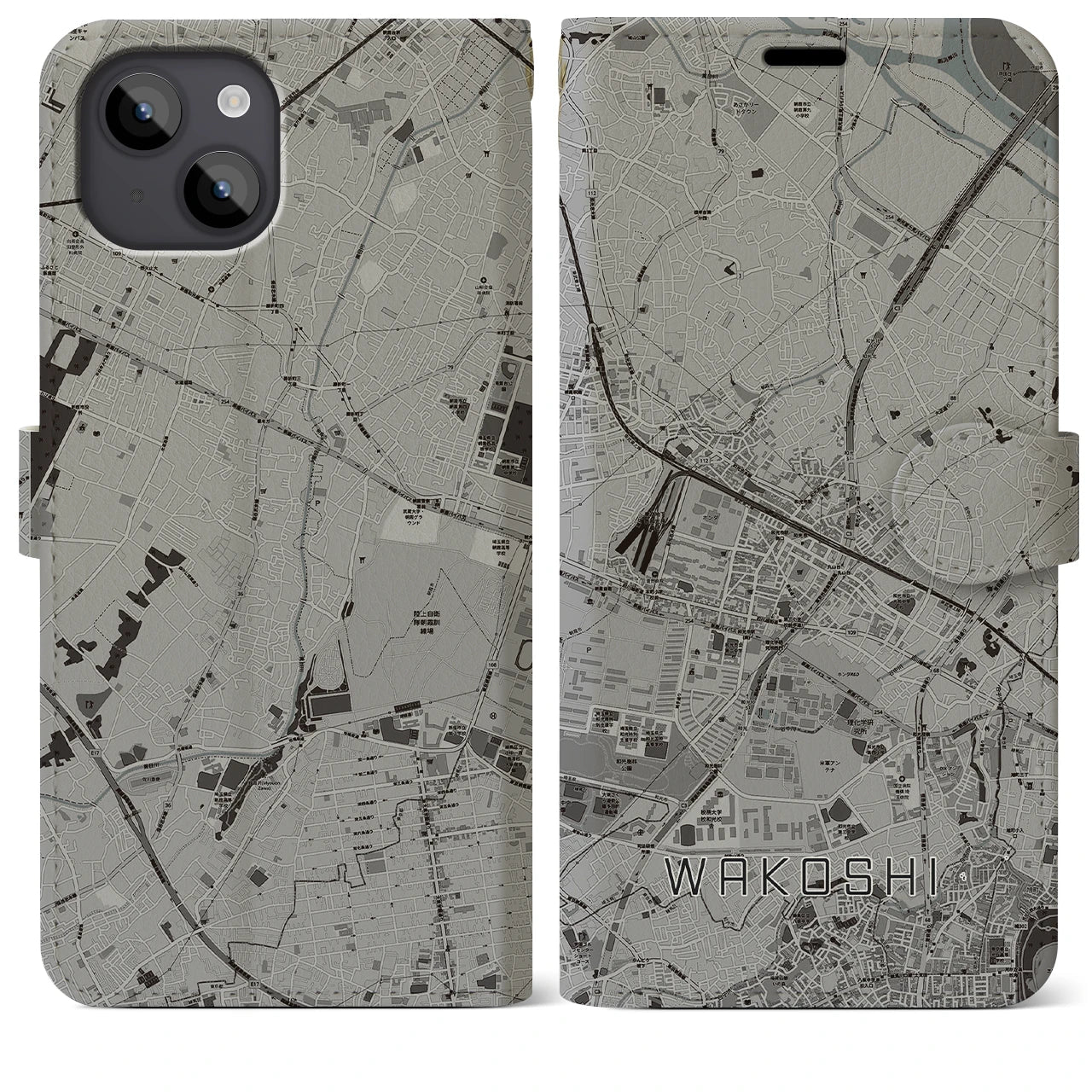 【和光市(埼玉県)】地図柄iPhoneケース(手帳タイプ)モノトーン・iPhone 14 Plus 用