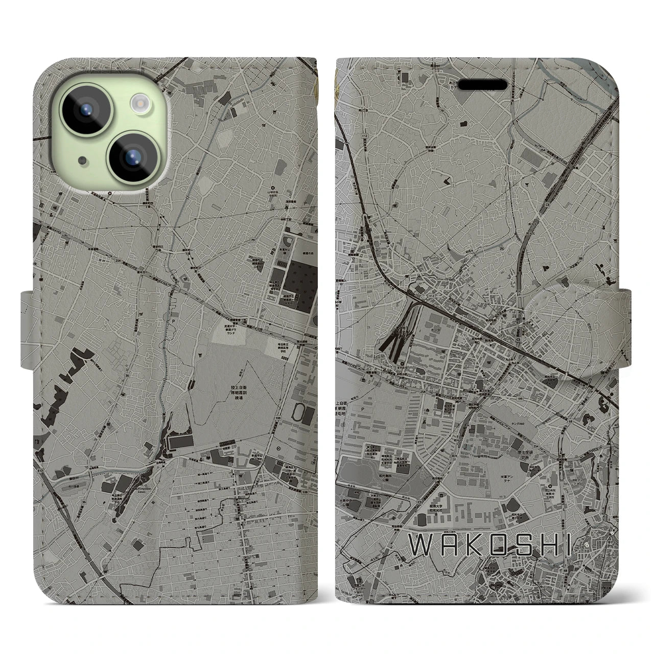 【和光市(埼玉県)】地図柄iPhoneケース(手帳タイプ)モノトーン・iPhone 15 用