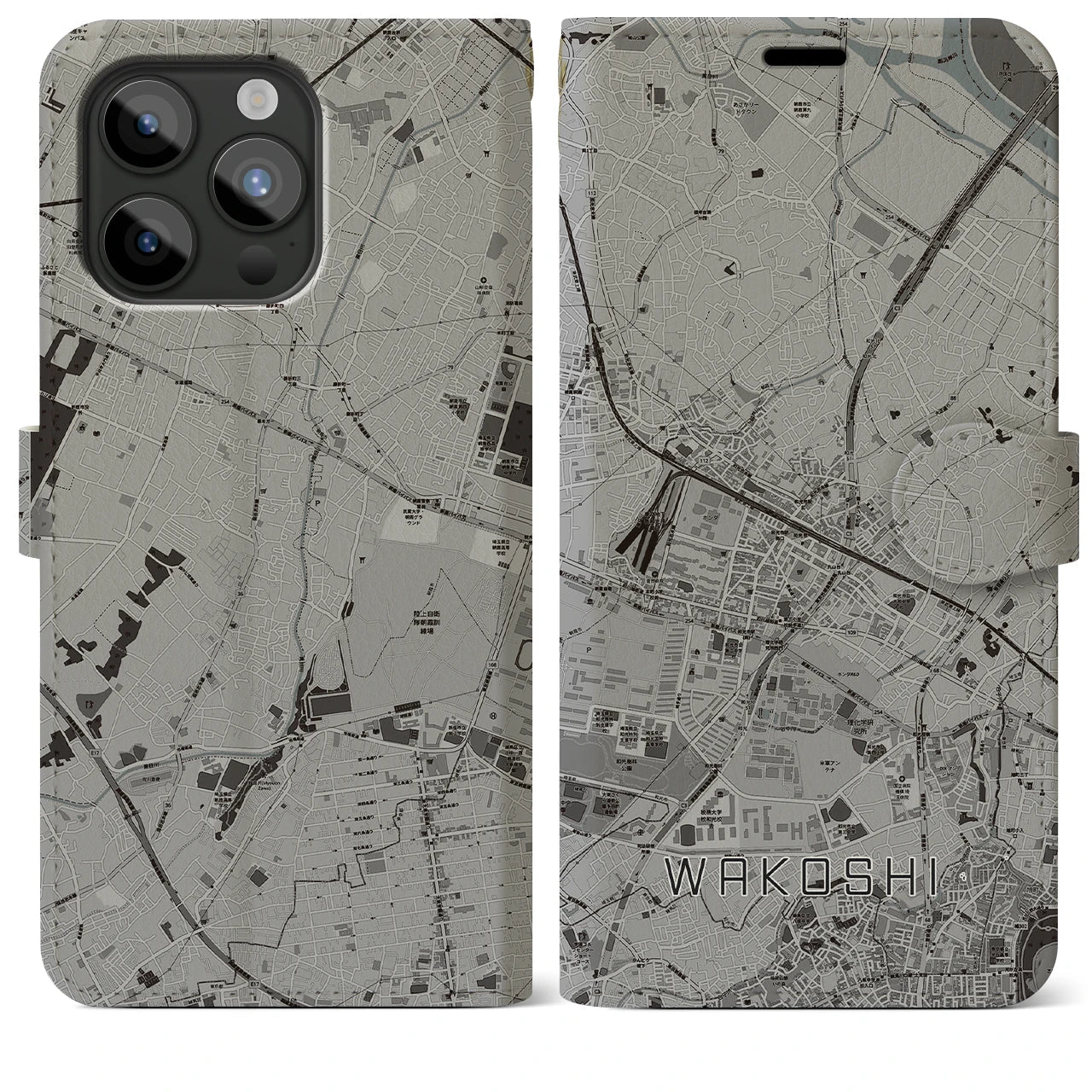 【和光市(埼玉県)】地図柄iPhoneケース(手帳タイプ)モノトーン・iPhone 15 Pro Max 用