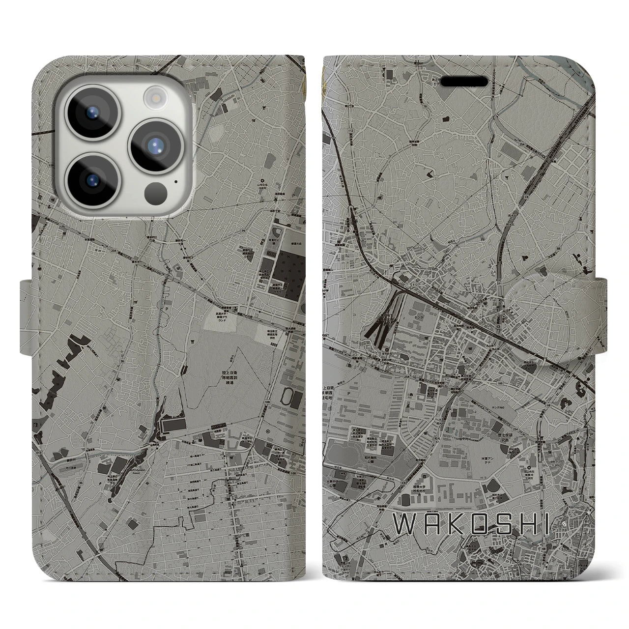 【和光市(埼玉県)】地図柄iPhoneケース(手帳タイプ)モノトーン・iPhone 15 Pro 用