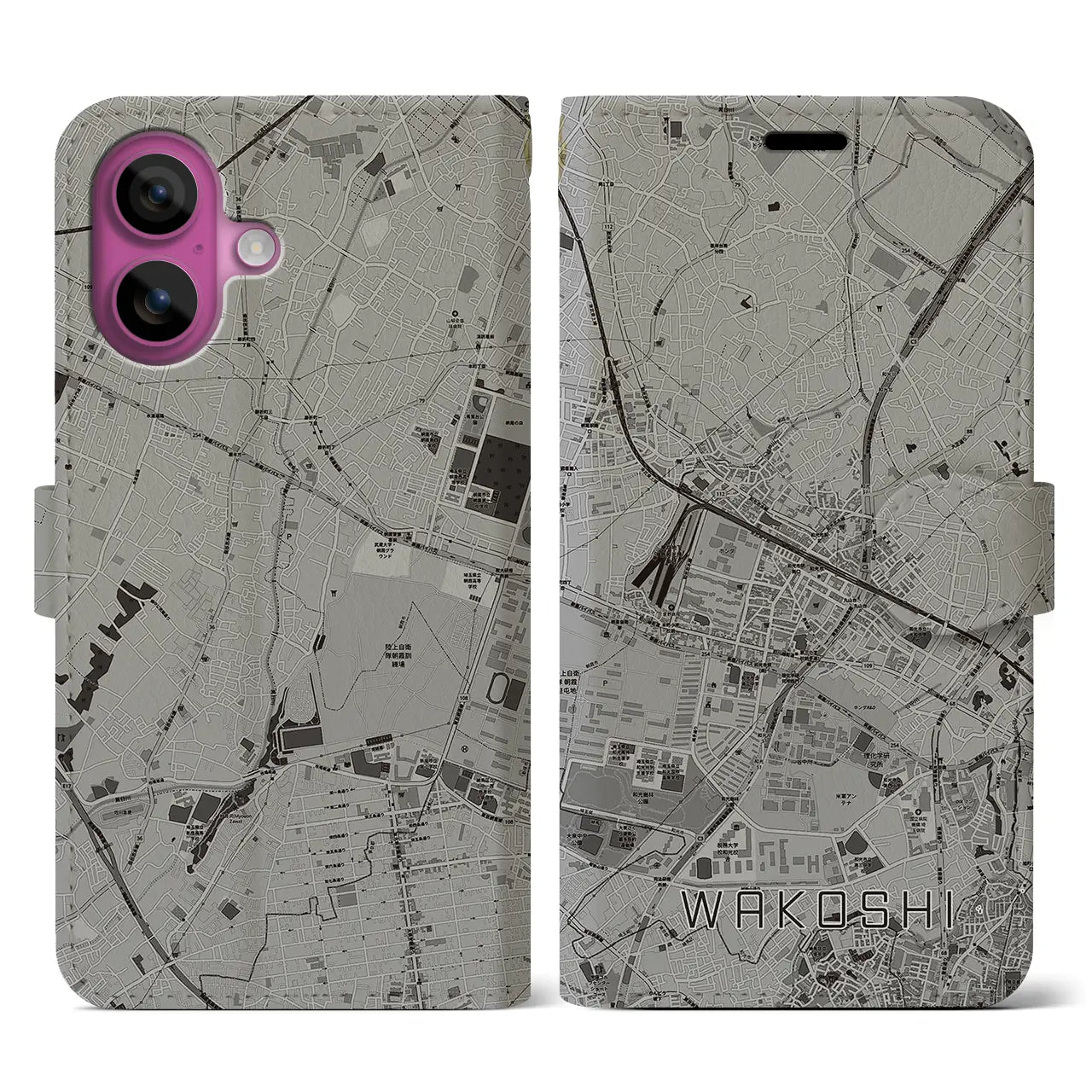 【和光市(埼玉県)】地図柄iPhoneケース(手帳タイプ)モノトーン・iPhone 16 Pro 用
