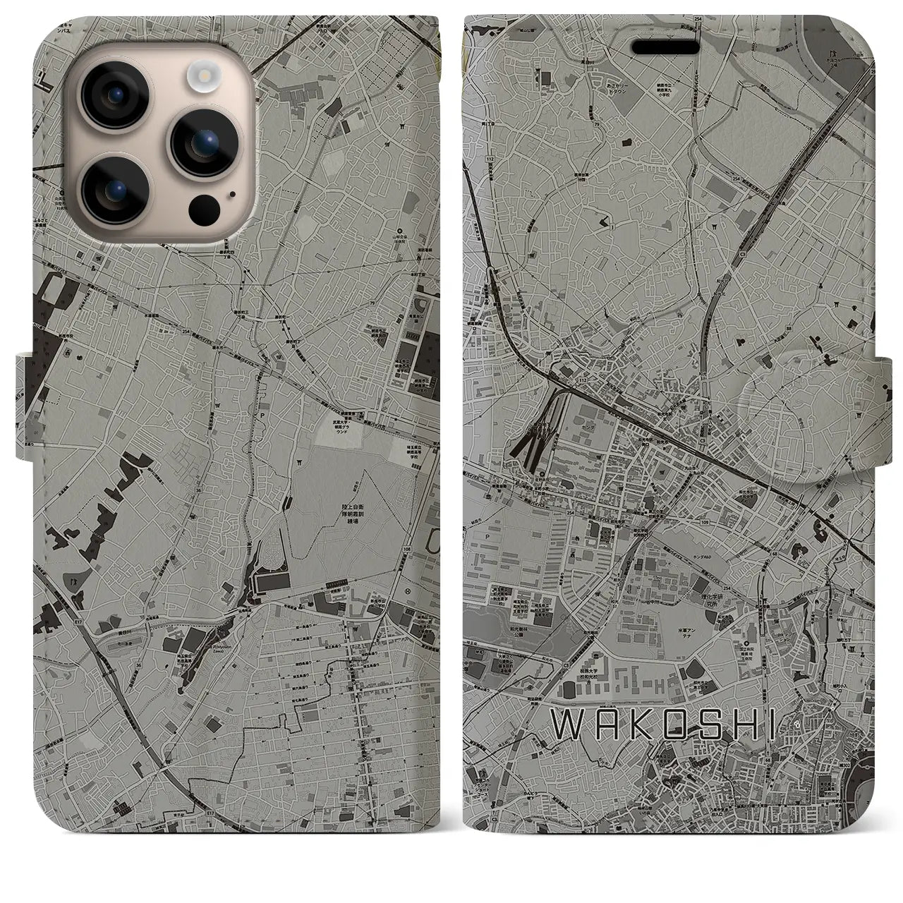 【和光市(埼玉県)】地図柄iPhoneケース(手帳タイプ)モノトーン・iPhone 16 Plus 用