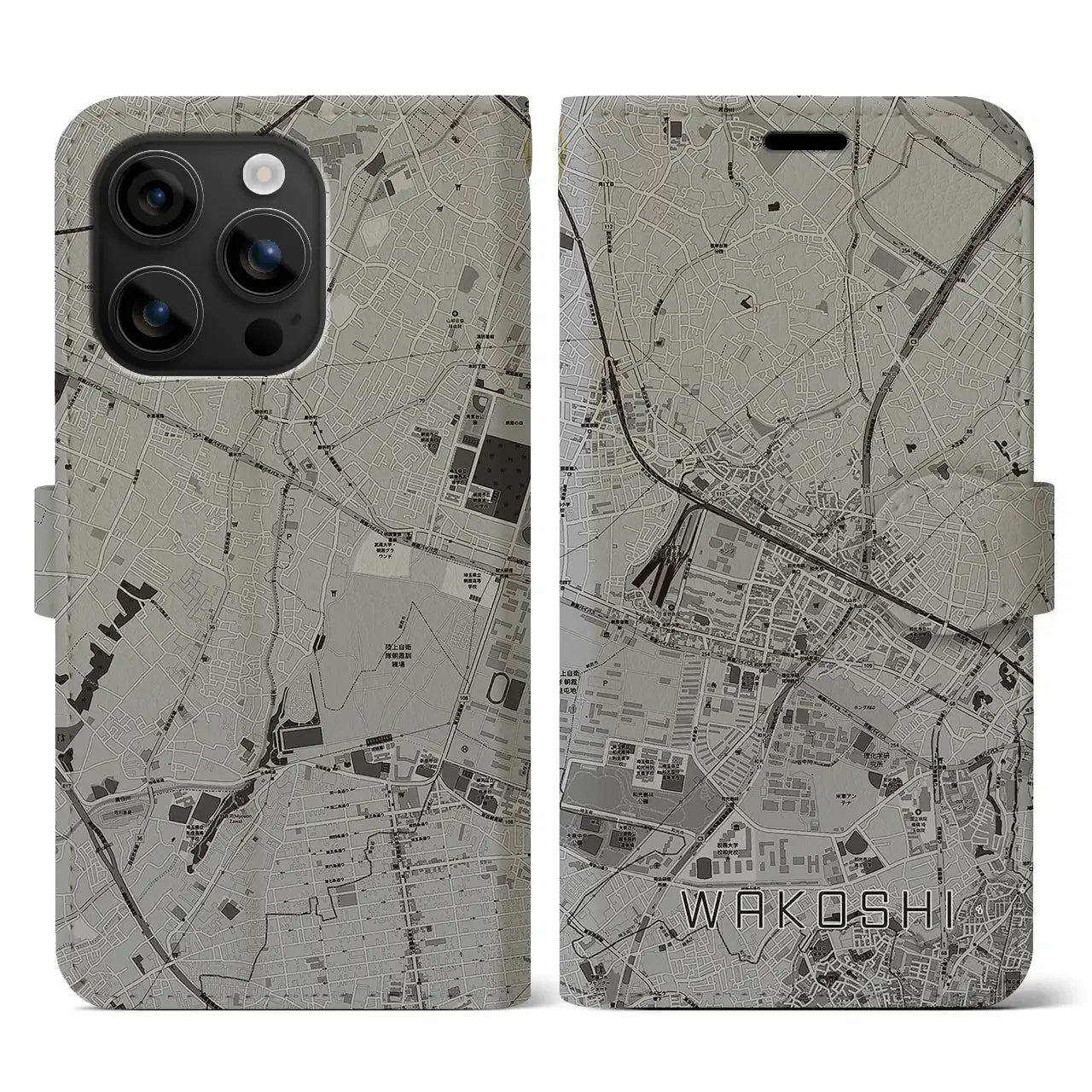 【和光市(埼玉県)】地図柄iPhoneケース(手帳タイプ)モノトーン・iPhone 16 用