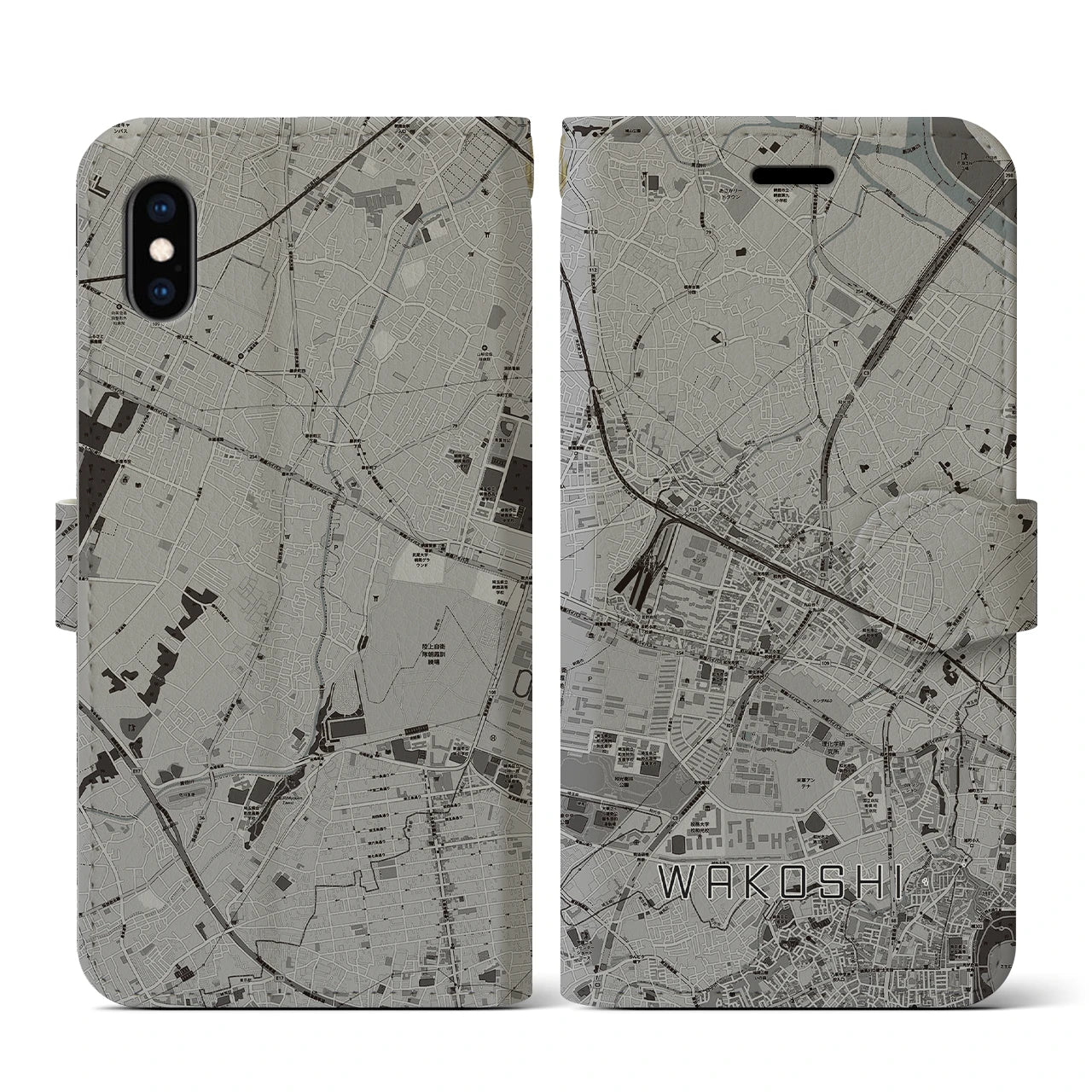 【和光市(埼玉県)】地図柄iPhoneケース(手帳タイプ)モノトーン・iPhone XS / X 用