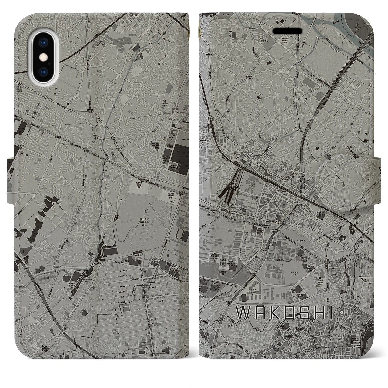 【和光市(埼玉県)】地図柄iPhoneケース(手帳タイプ)モノトーン・iPhone XS Max 用