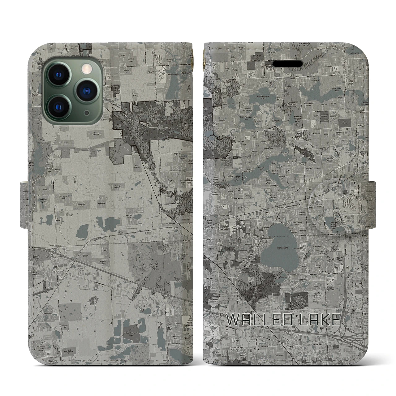 【ウォールドレイク(アメリカ)】地図柄iPhoneケース(手帳タイプ)モノトーン・iPhone 11 Pro 用