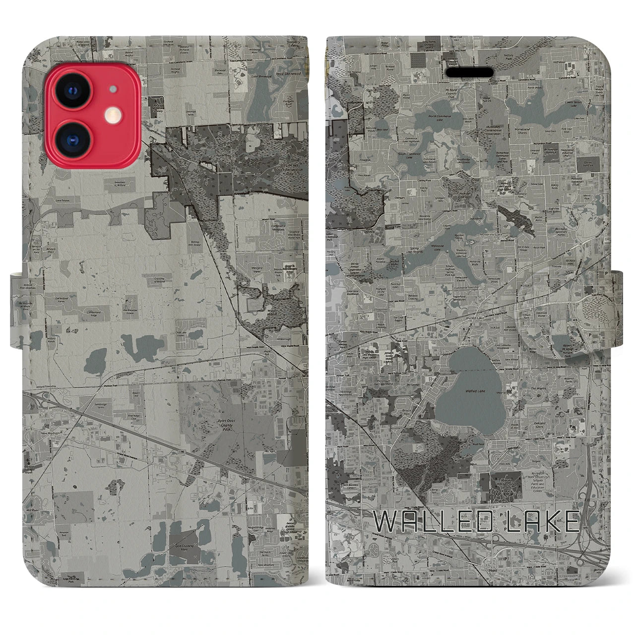 【ウォールドレイク(アメリカ)】地図柄iPhoneケース(手帳タイプ)モノトーン・iPhone 11 用