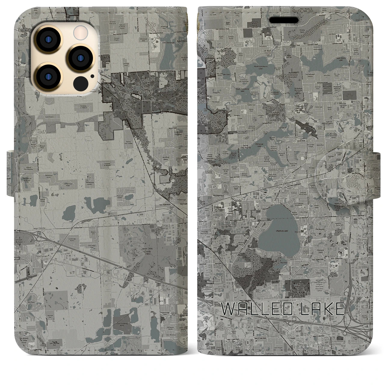 【ウォールドレイク(アメリカ)】地図柄iPhoneケース(手帳タイプ)モノトーン・iPhone 12 Pro Max 用
