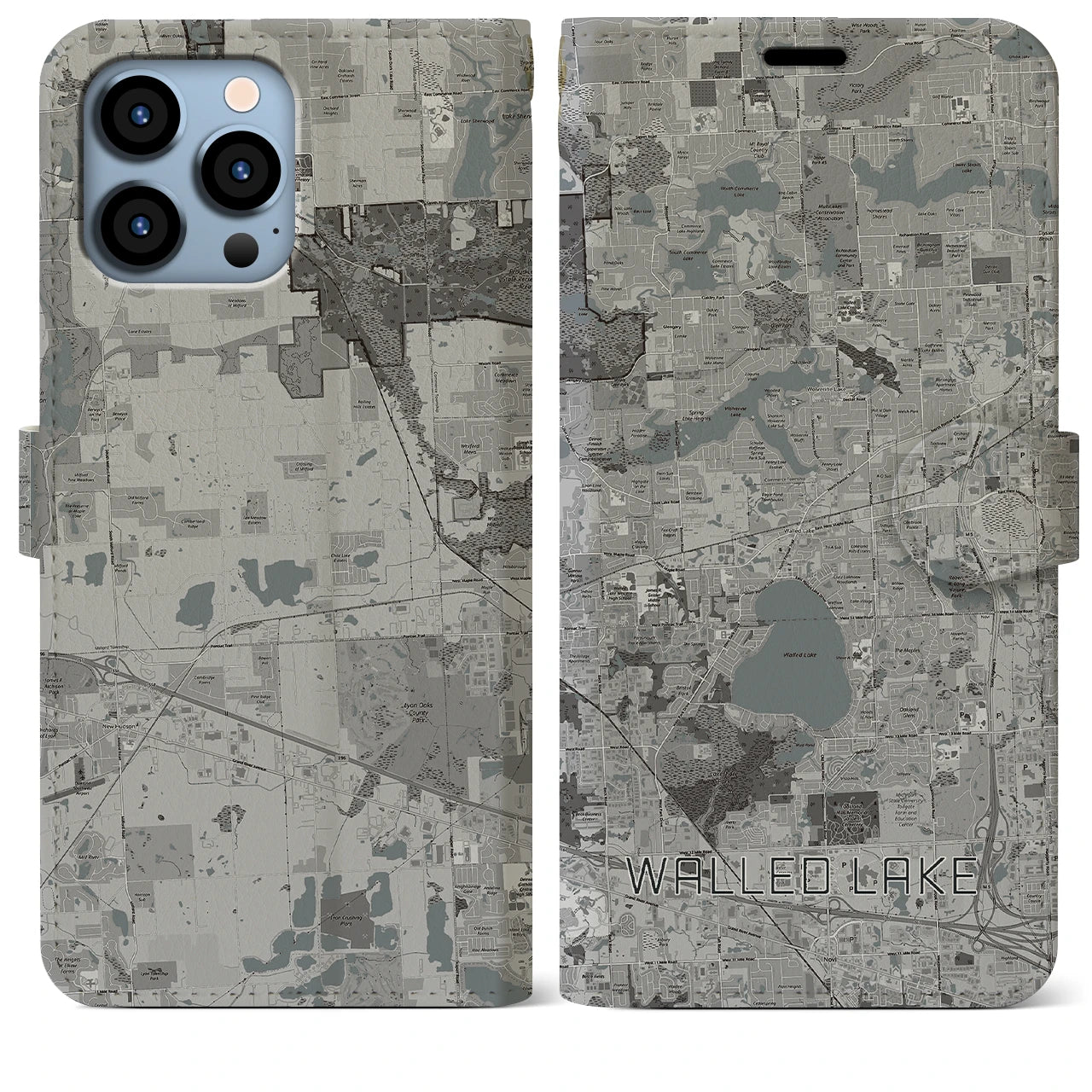 【ウォールドレイク(アメリカ)】地図柄iPhoneケース(手帳タイプ)モノトーン・iPhone 13 Pro Max 用