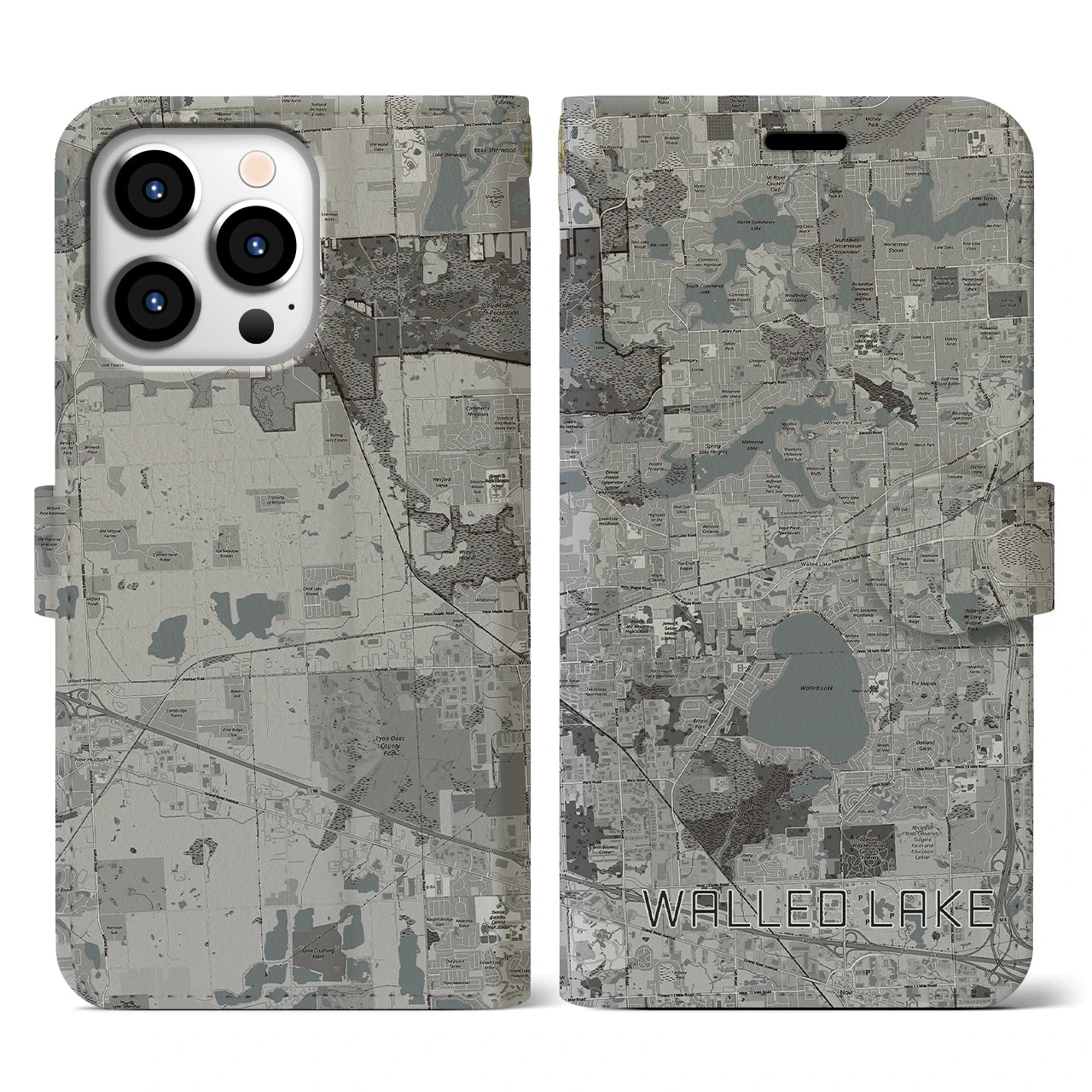 【ウォールドレイク(アメリカ)】地図柄iPhoneケース(手帳タイプ)モノトーン・iPhone 13 Pro 用