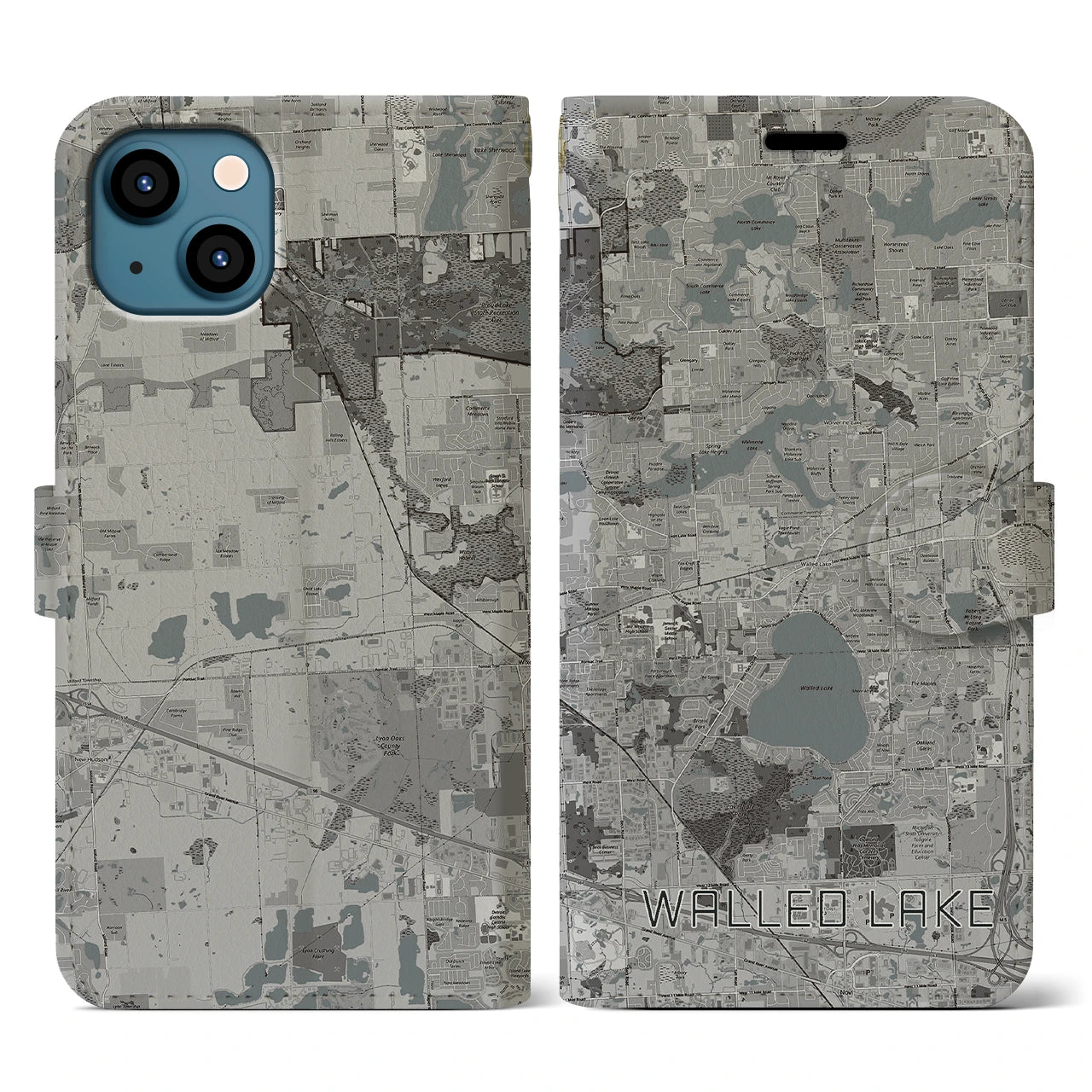 【ウォールドレイク(アメリカ)】地図柄iPhoneケース(手帳タイプ)モノトーン・iPhone 13 用