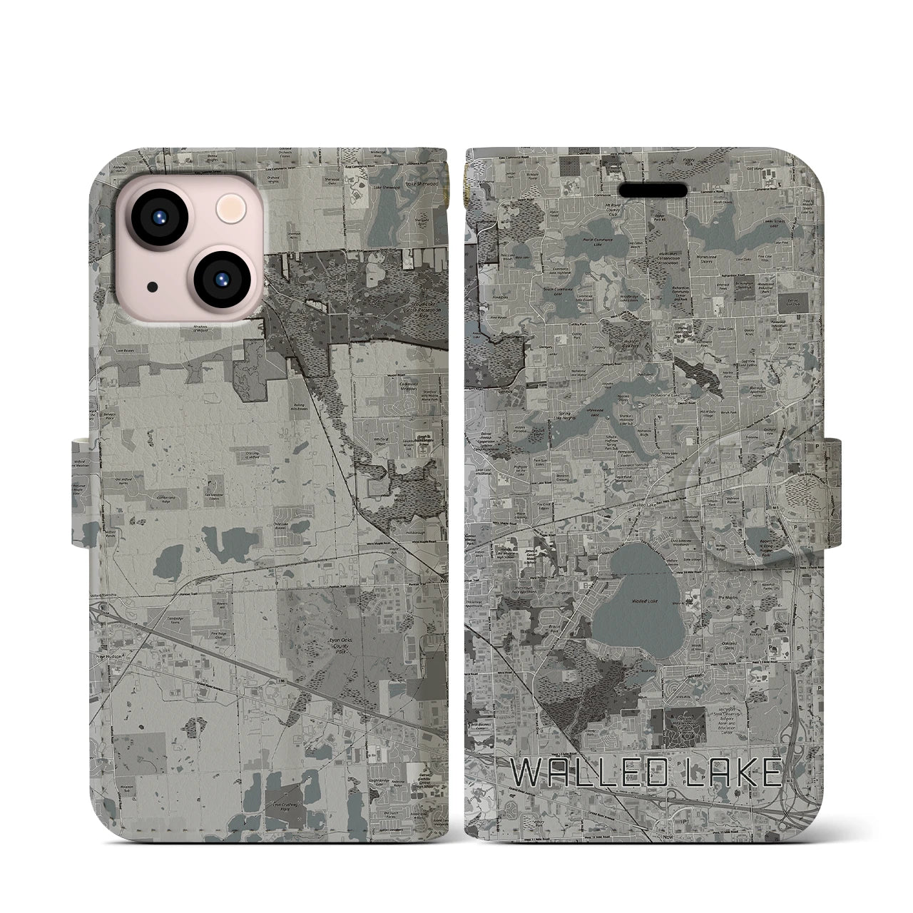【ウォールドレイク(アメリカ)】地図柄iPhoneケース(手帳タイプ)モノトーン・iPhone 13 mini 用