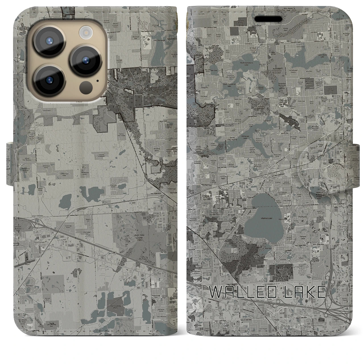 【ウォールドレイク(アメリカ)】地図柄iPhoneケース(手帳タイプ)モノトーン・iPhone 14 Pro Max 用
