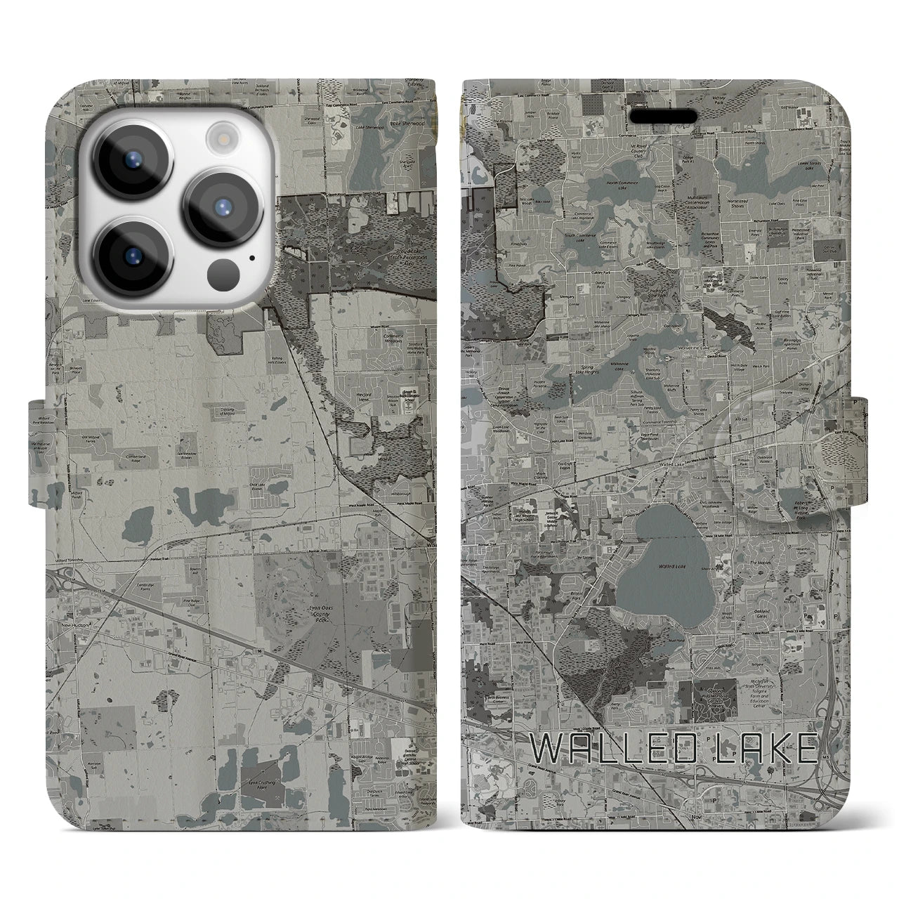 【ウォールドレイク(アメリカ)】地図柄iPhoneケース(手帳タイプ)モノトーン・iPhone 14 Pro 用