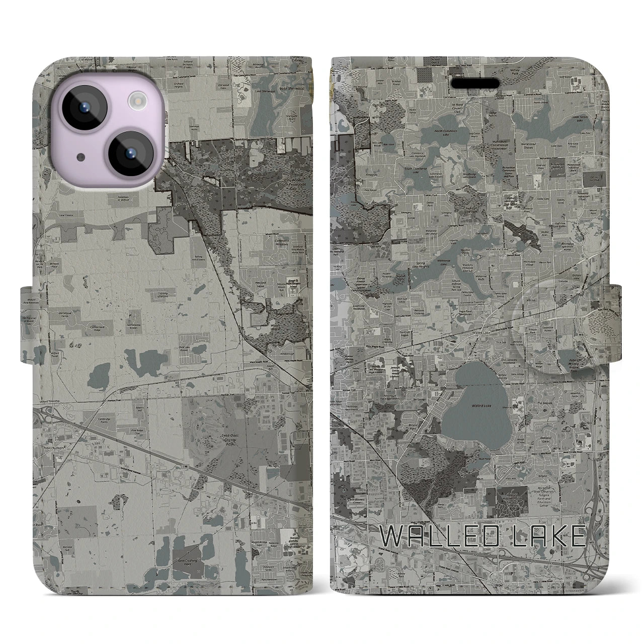 【ウォールドレイク(アメリカ)】地図柄iPhoneケース(手帳タイプ)モノトーン・iPhone 14 用