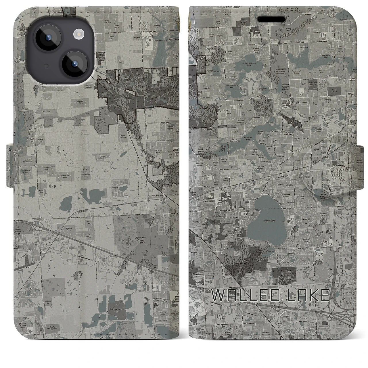 【ウォールドレイク(アメリカ)】地図柄iPhoneケース(手帳タイプ)モノトーン・iPhone 14 Plus 用