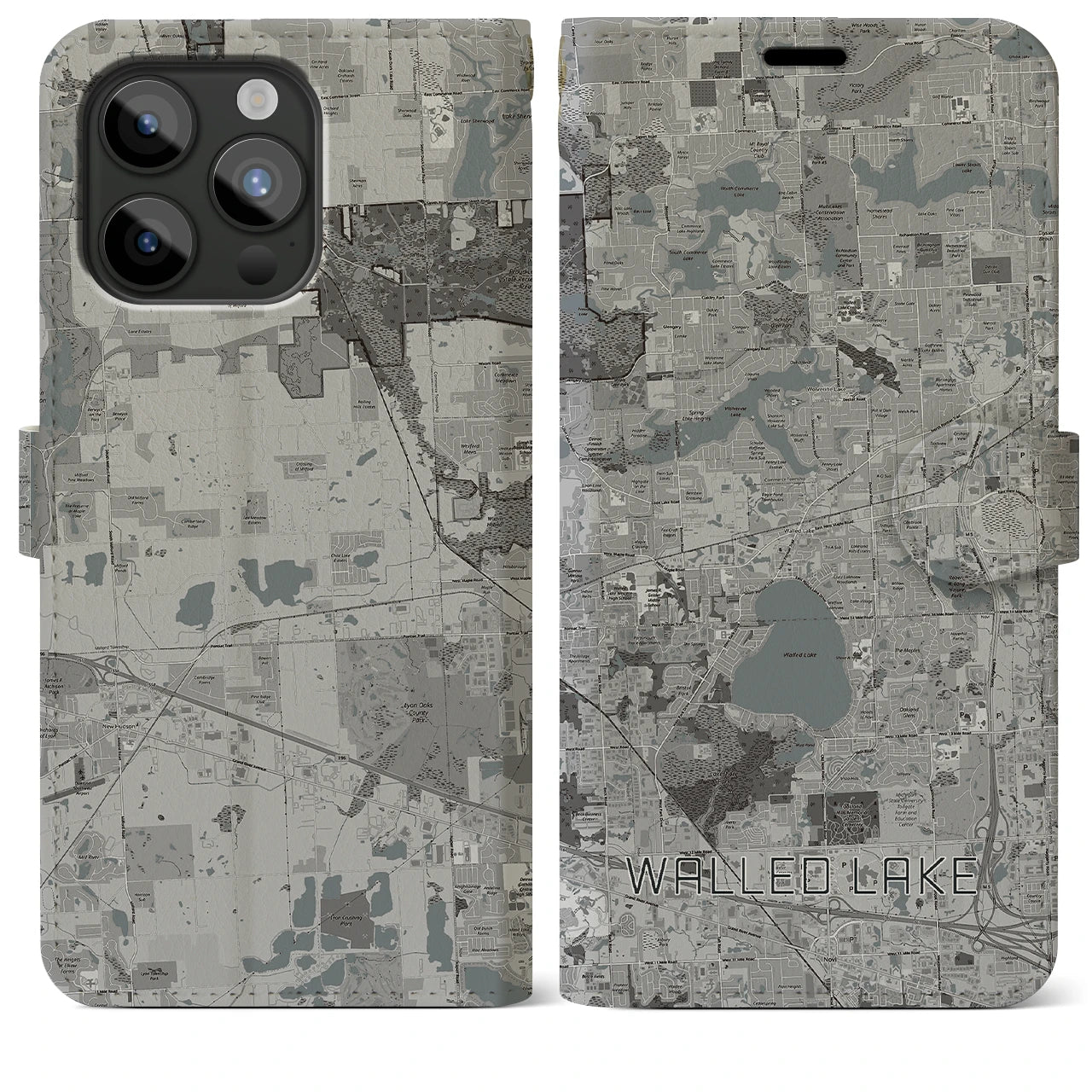 【ウォールドレイク(アメリカ)】地図柄iPhoneケース(手帳タイプ)モノトーン・iPhone 15 Pro Max 用