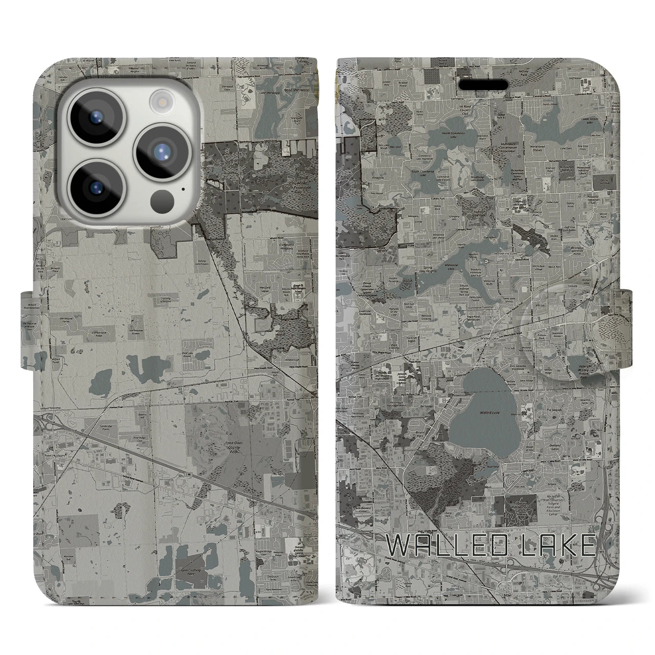 【ウォールドレイク(アメリカ)】地図柄iPhoneケース(手帳タイプ)モノトーン・iPhone 15 Pro 用