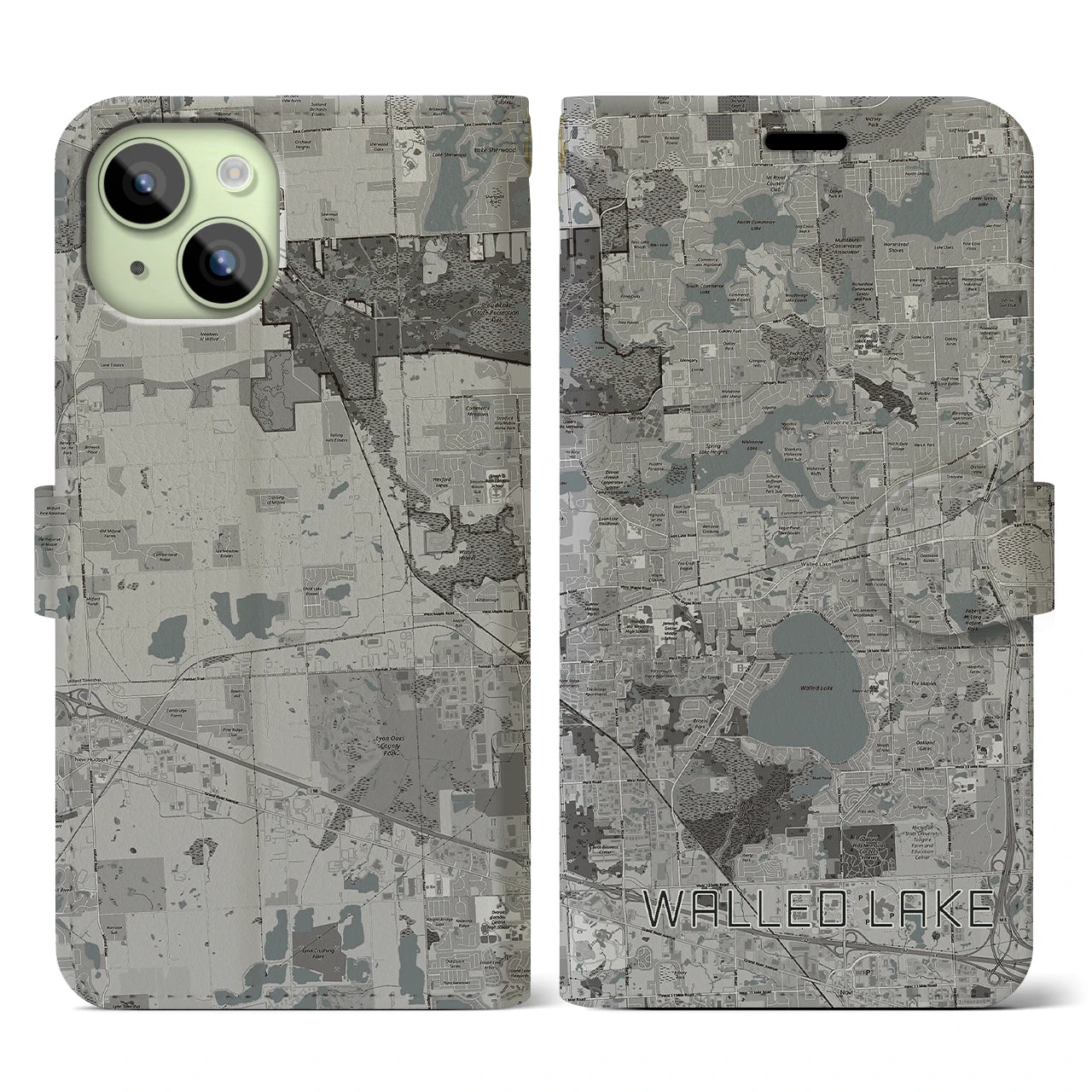 【ウォールドレイク(アメリカ)】地図柄iPhoneケース(手帳タイプ)モノトーン・iPhone 15 用