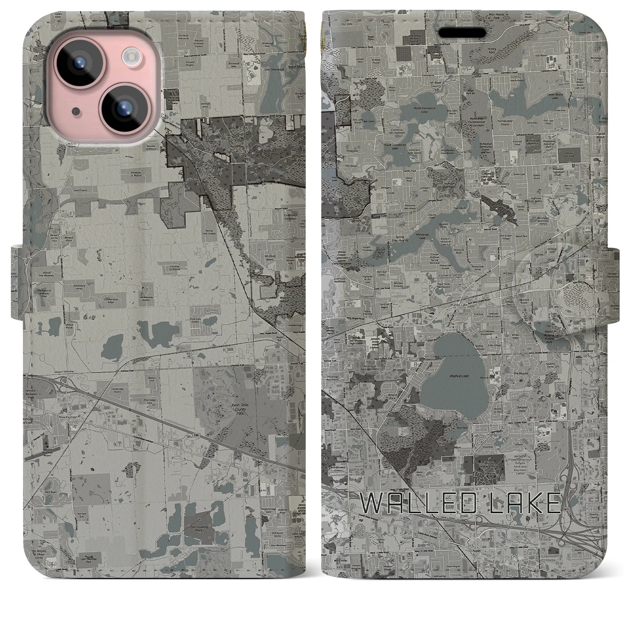 【ウォールドレイク(アメリカ)】地図柄iPhoneケース(手帳タイプ)モノトーン・iPhone 15 Plus 用