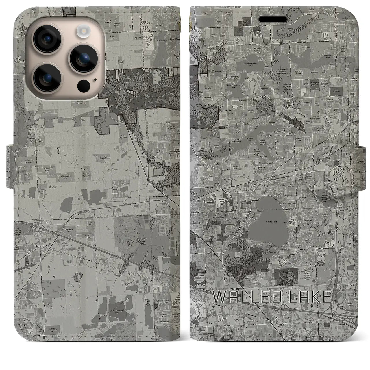 【ウォールドレイク(アメリカ)】地図柄iPhoneケース(手帳タイプ)モノトーン・iPhone 16 Plus 用