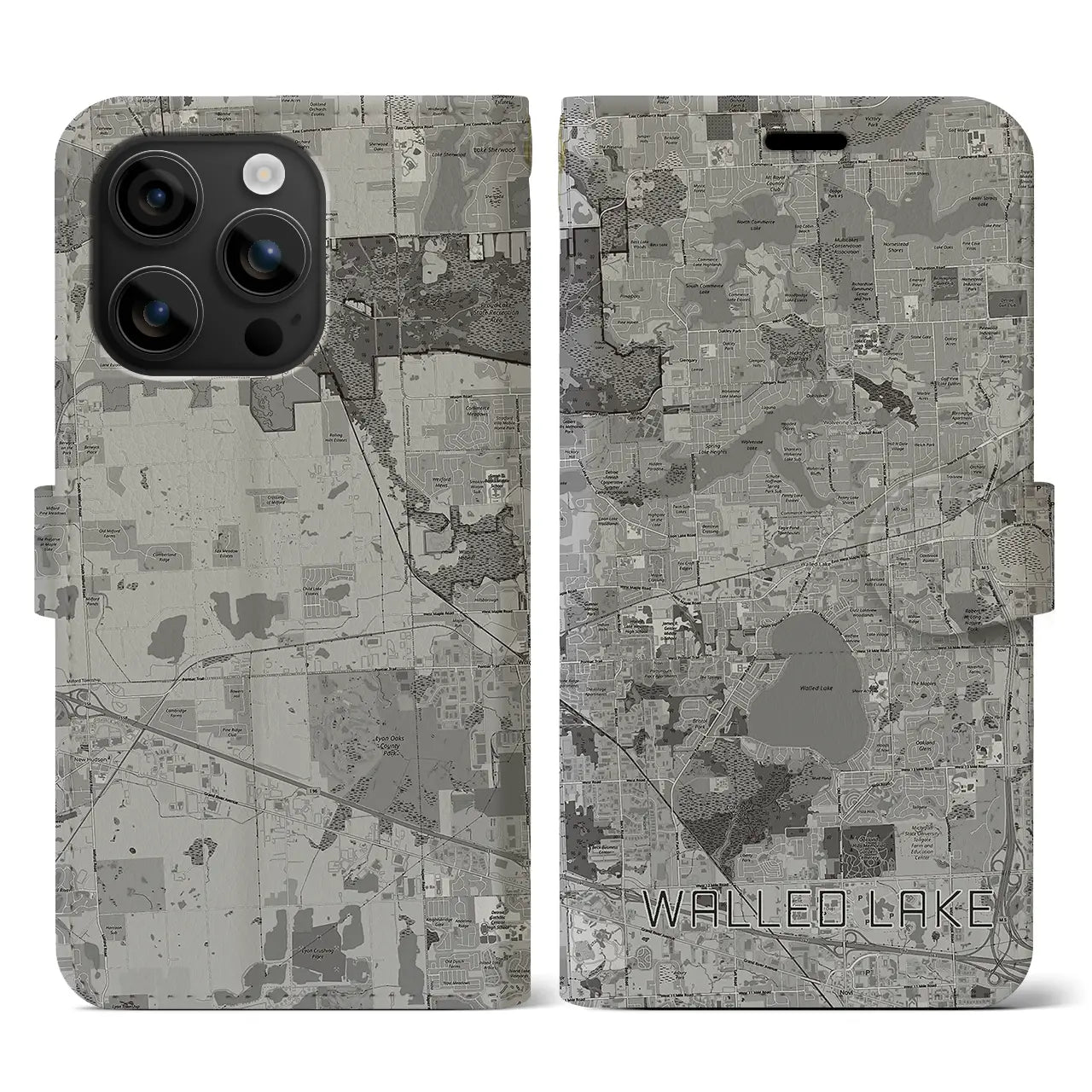 【ウォールドレイク(アメリカ)】地図柄iPhoneケース(手帳タイプ)モノトーン・iPhone 16 用