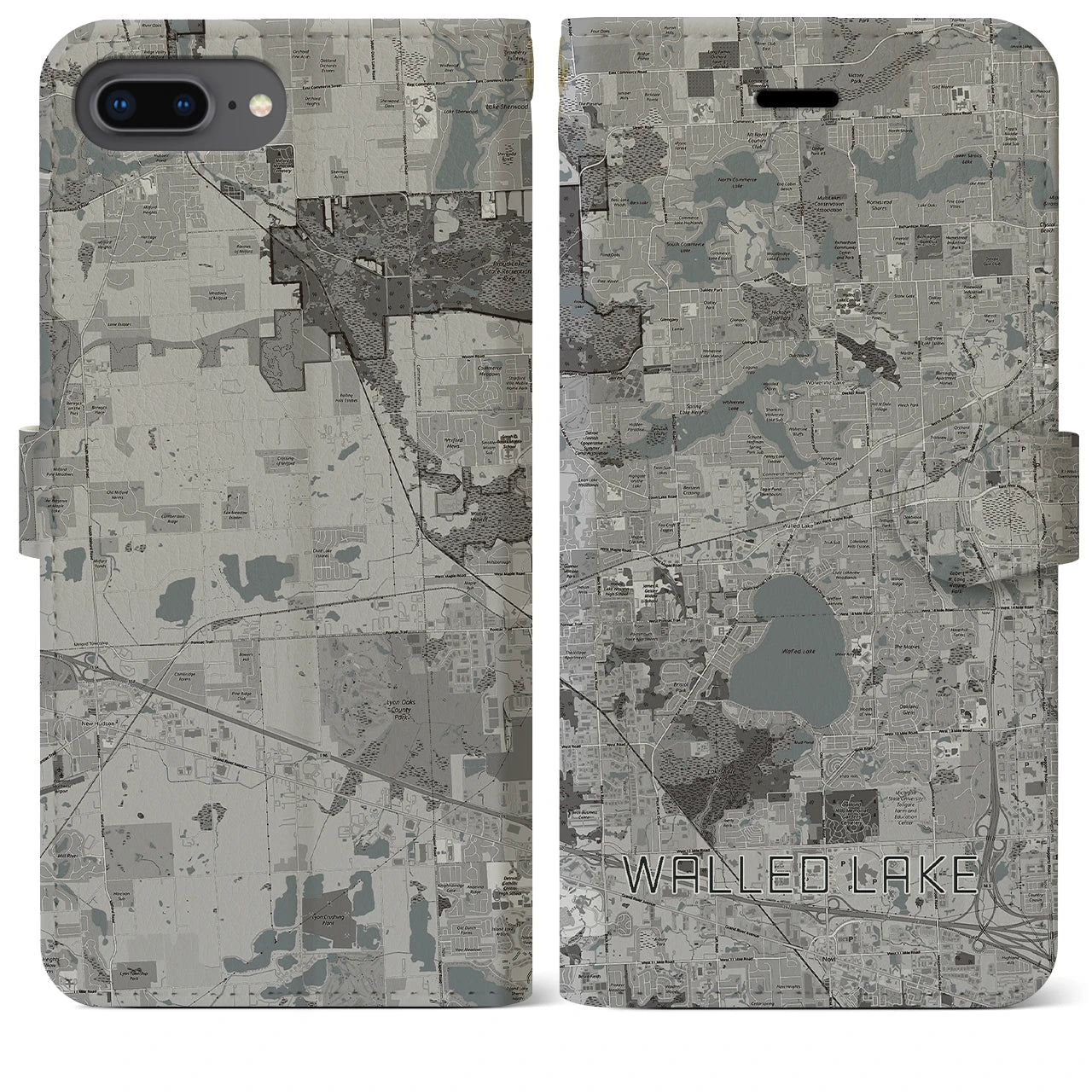 【ウォールドレイク(アメリカ)】地図柄iPhoneケース(手帳タイプ)モノトーン・iPhone 8Plus /7Plus / 6sPlus / 6Plus 用