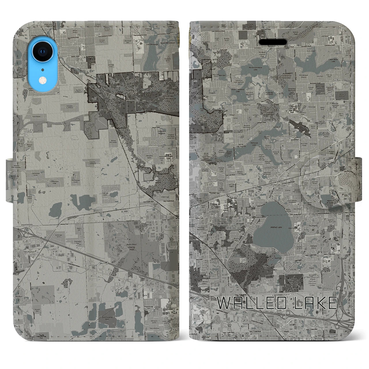 【ウォールドレイク(アメリカ)】地図柄iPhoneケース(手帳タイプ)モノトーン・iPhone XR 用