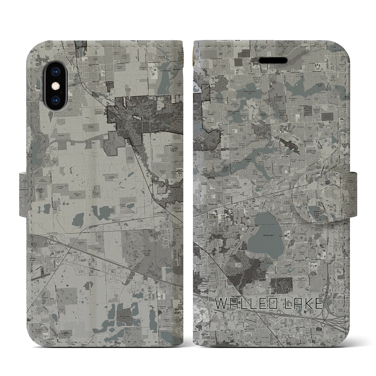 【ウォールドレイク(アメリカ)】地図柄iPhoneケース(手帳タイプ)モノトーン・iPhone XS / X 用