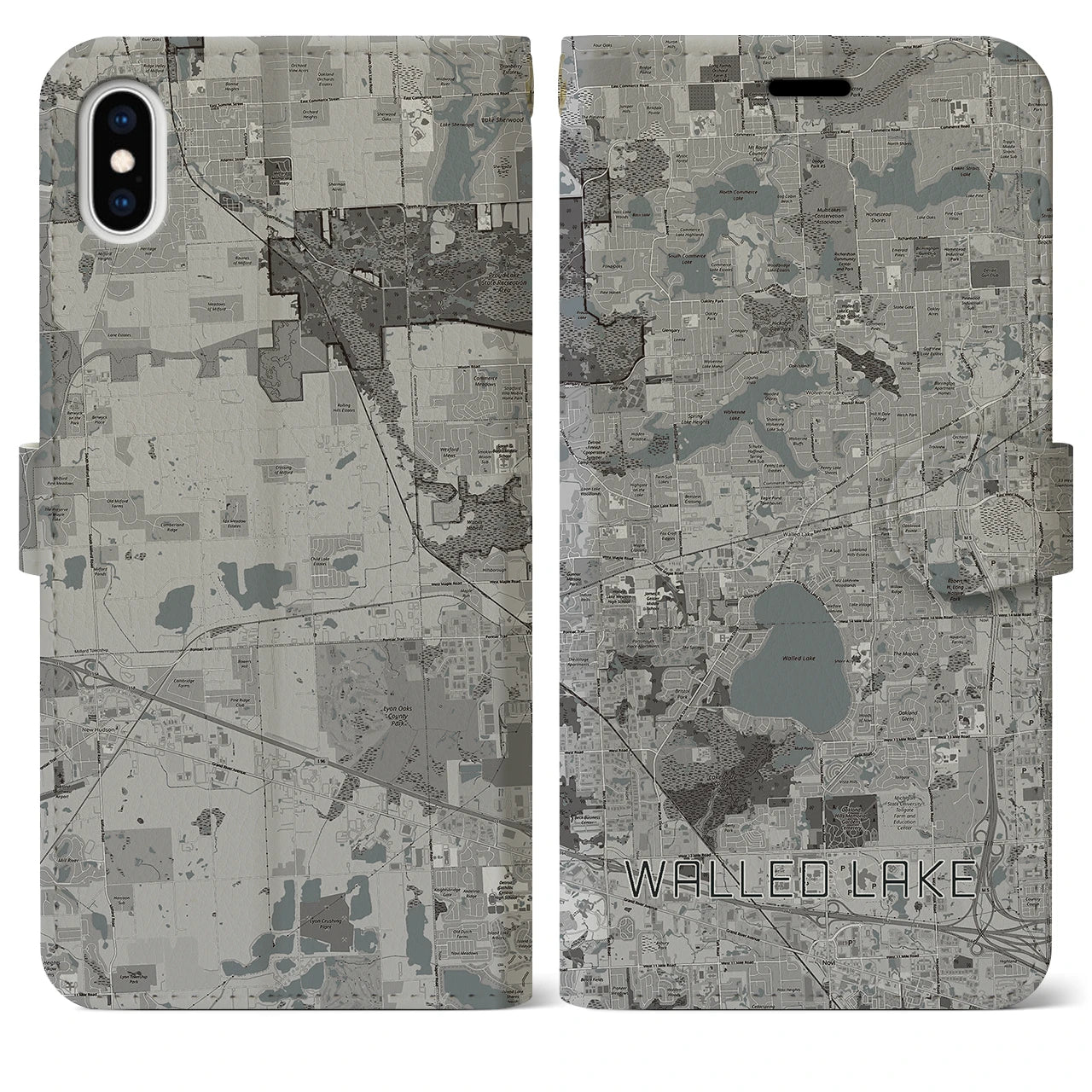 【ウォールドレイク(アメリカ)】地図柄iPhoneケース(手帳タイプ)モノトーン・iPhone XS Max 用