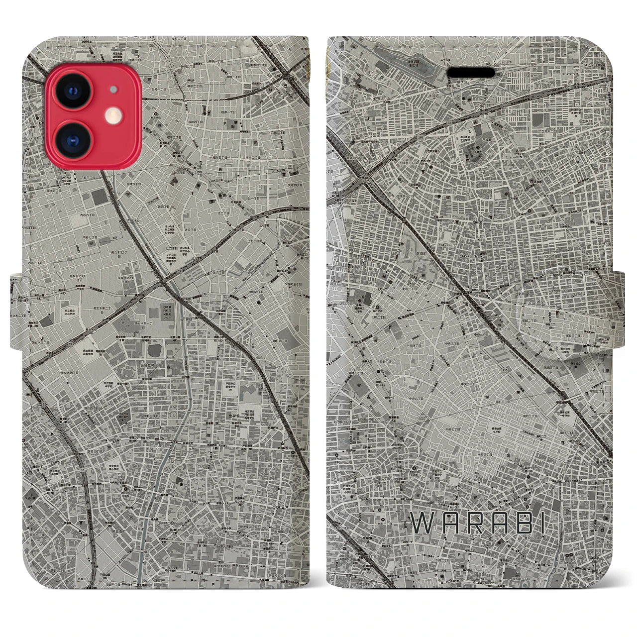 【蕨(埼玉県)】地図柄iPhoneケース(手帳タイプ)モノトーン・iPhone 11 用