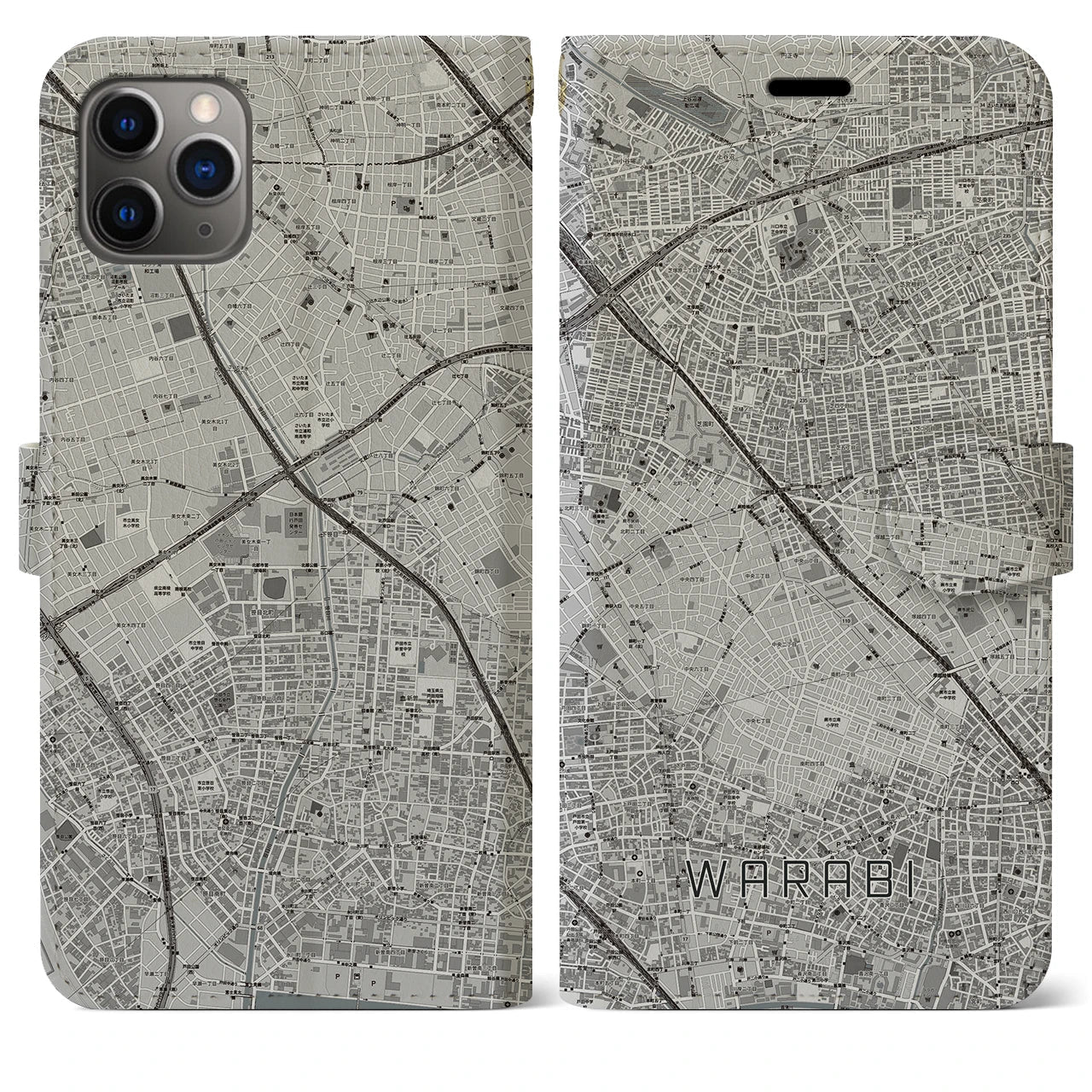 【蕨(埼玉県)】地図柄iPhoneケース(手帳タイプ)モノトーン・iPhone 11 Pro Max 用