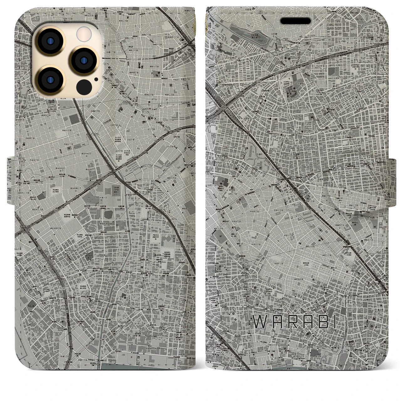 【蕨(埼玉県)】地図柄iPhoneケース(手帳タイプ)モノトーン・iPhone 12 Pro Max 用