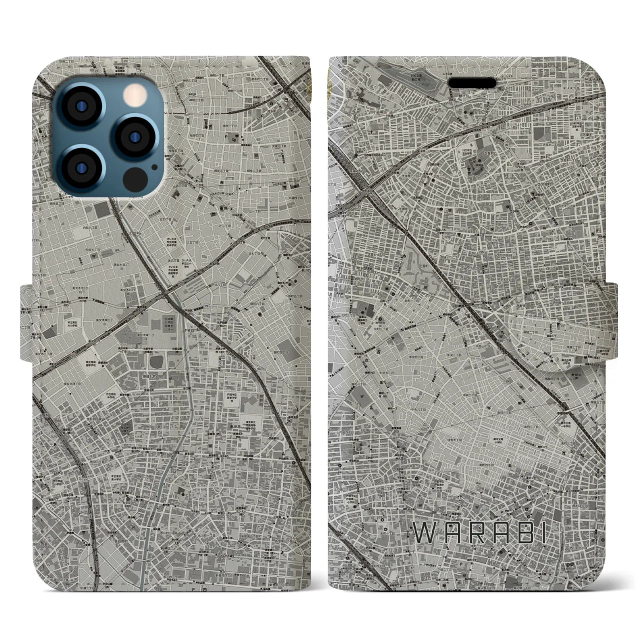 【蕨(埼玉県)】地図柄iPhoneケース(手帳タイプ)モノトーン・iPhone 12 / 12 Pro 用