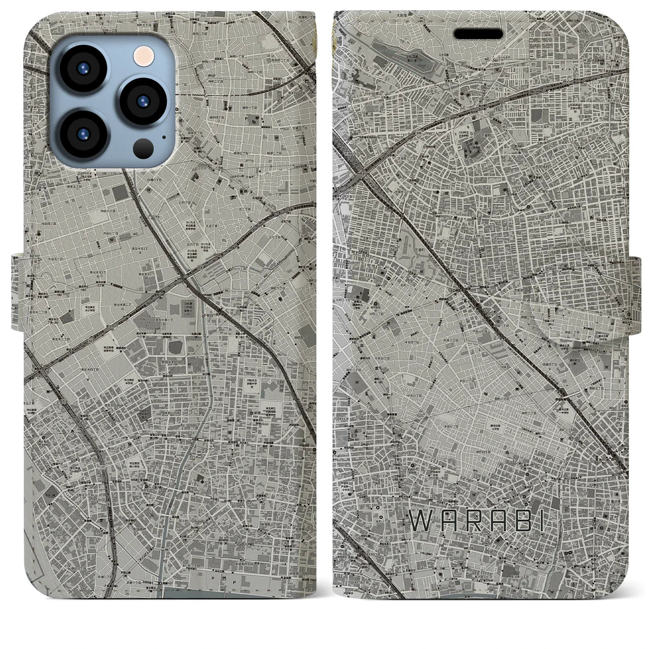 【蕨(埼玉県)】地図柄iPhoneケース(手帳タイプ)モノトーン・iPhone 13 Pro Max 用