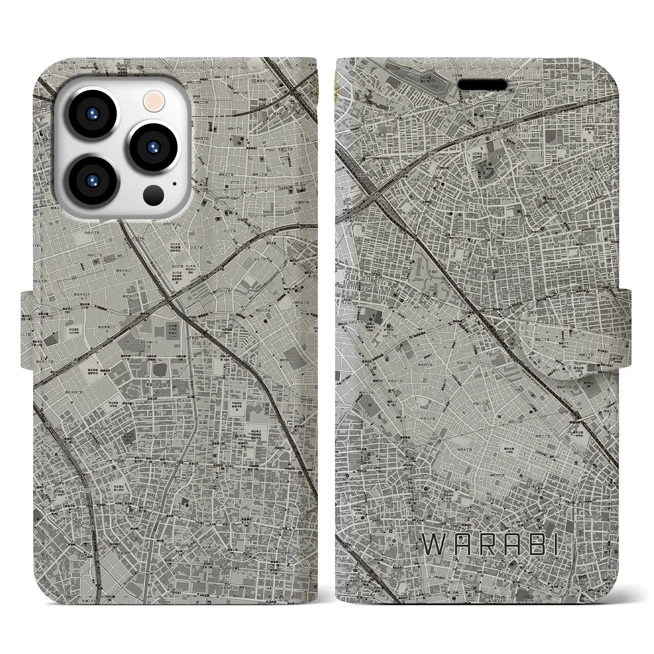 【蕨(埼玉県)】地図柄iPhoneケース(手帳タイプ)モノトーン・iPhone 13 Pro 用