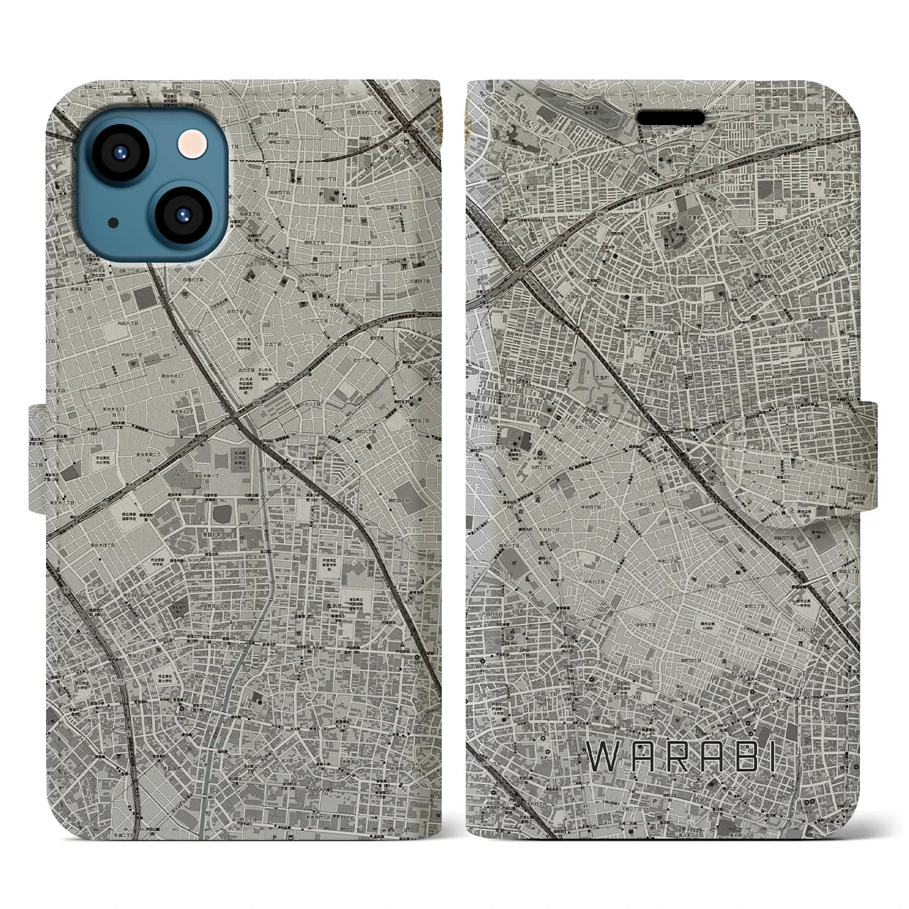 【蕨(埼玉県)】地図柄iPhoneケース(手帳タイプ)モノトーン・iPhone 13 用