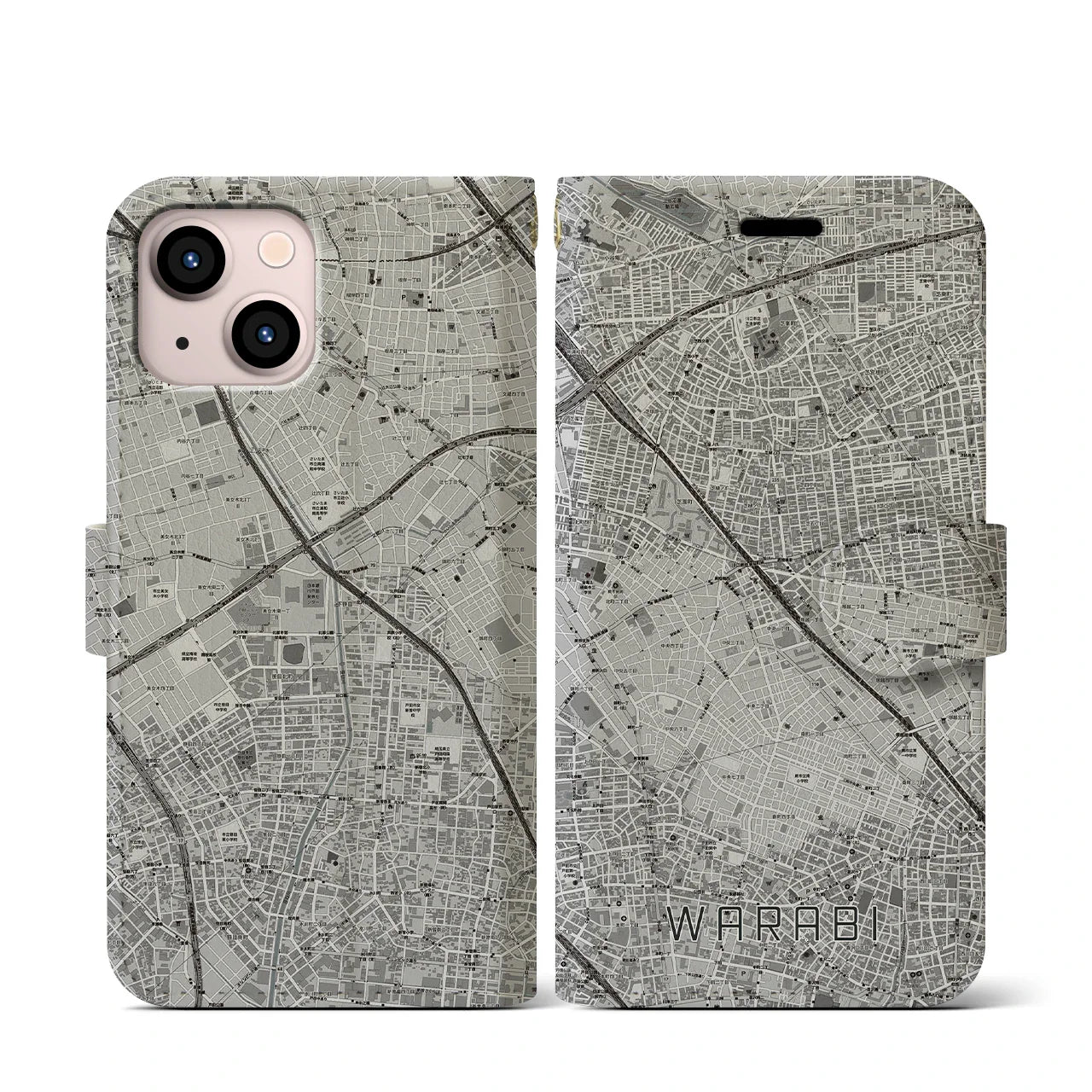 【蕨(埼玉県)】地図柄iPhoneケース(手帳タイプ)モノトーン・iPhone 13 mini 用