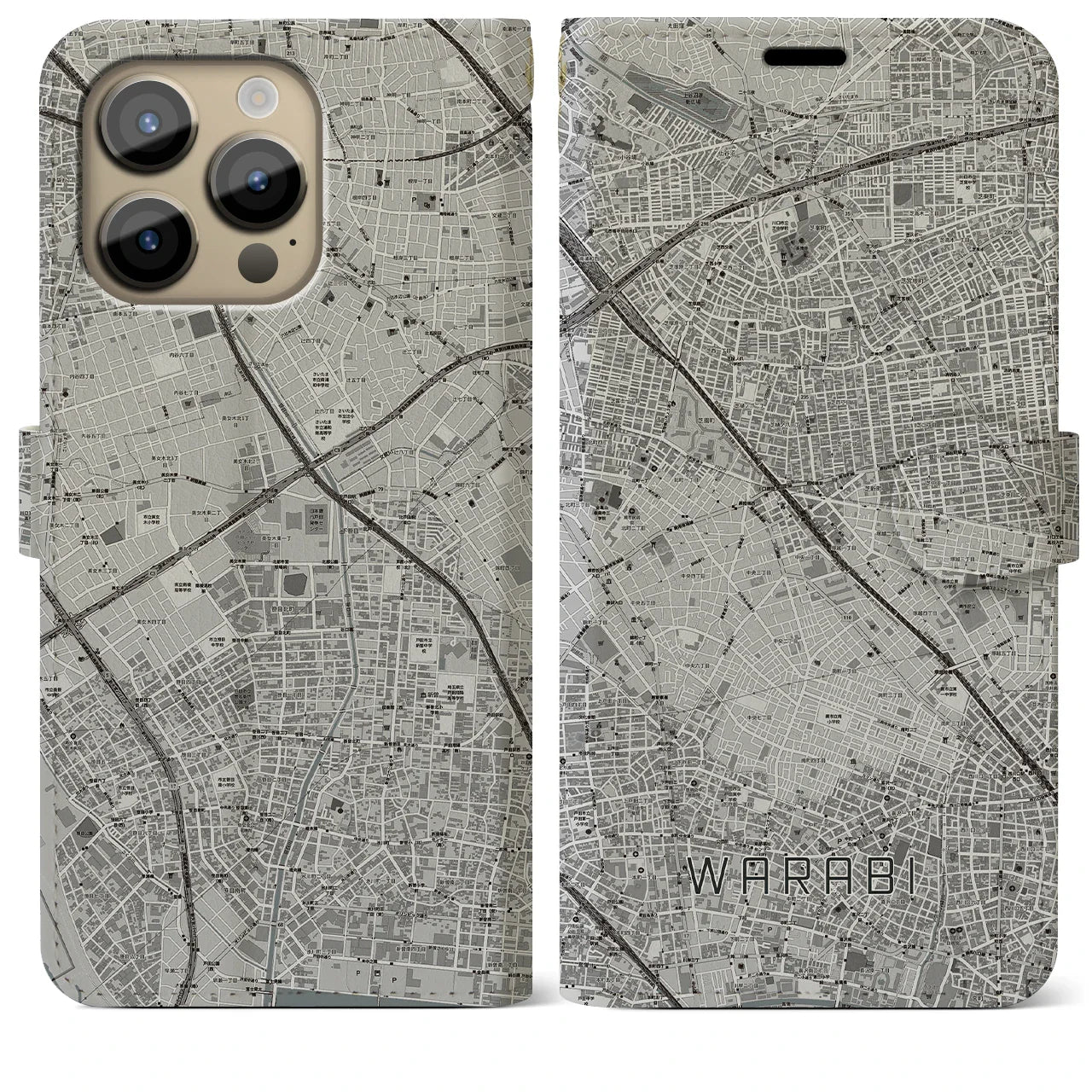 【蕨(埼玉県)】地図柄iPhoneケース(手帳タイプ)モノトーン・iPhone 14 Pro Max 用