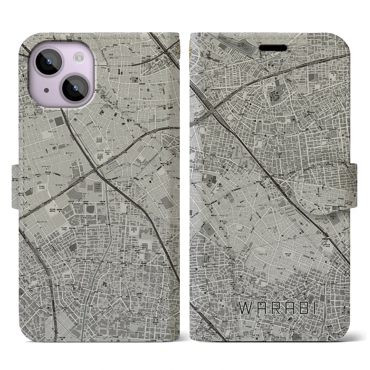 【蕨(埼玉県)】地図柄iPhoneケース(手帳タイプ)モノトーン・iPhone 14 用