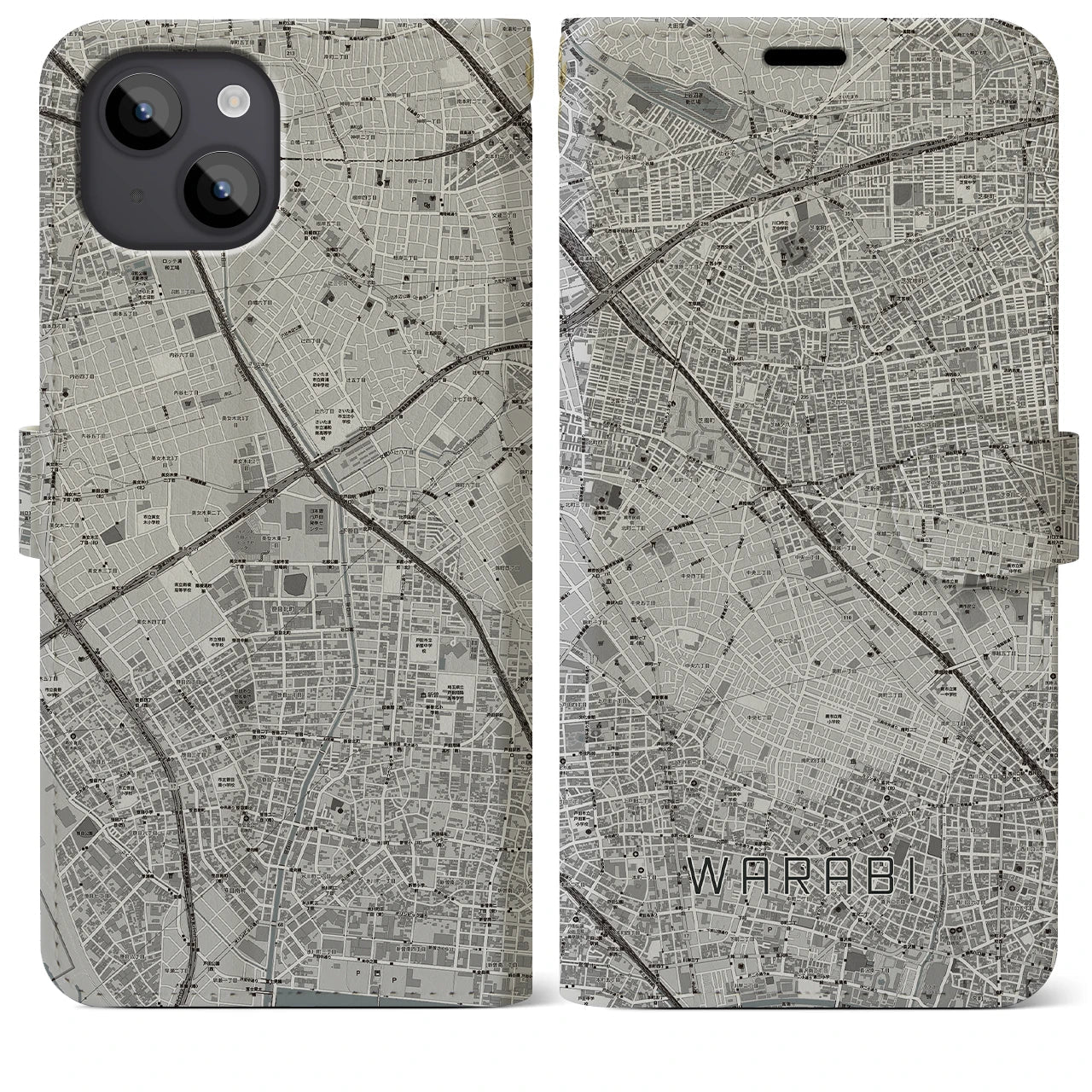 【蕨(埼玉県)】地図柄iPhoneケース(手帳タイプ)モノトーン・iPhone 14 Plus 用