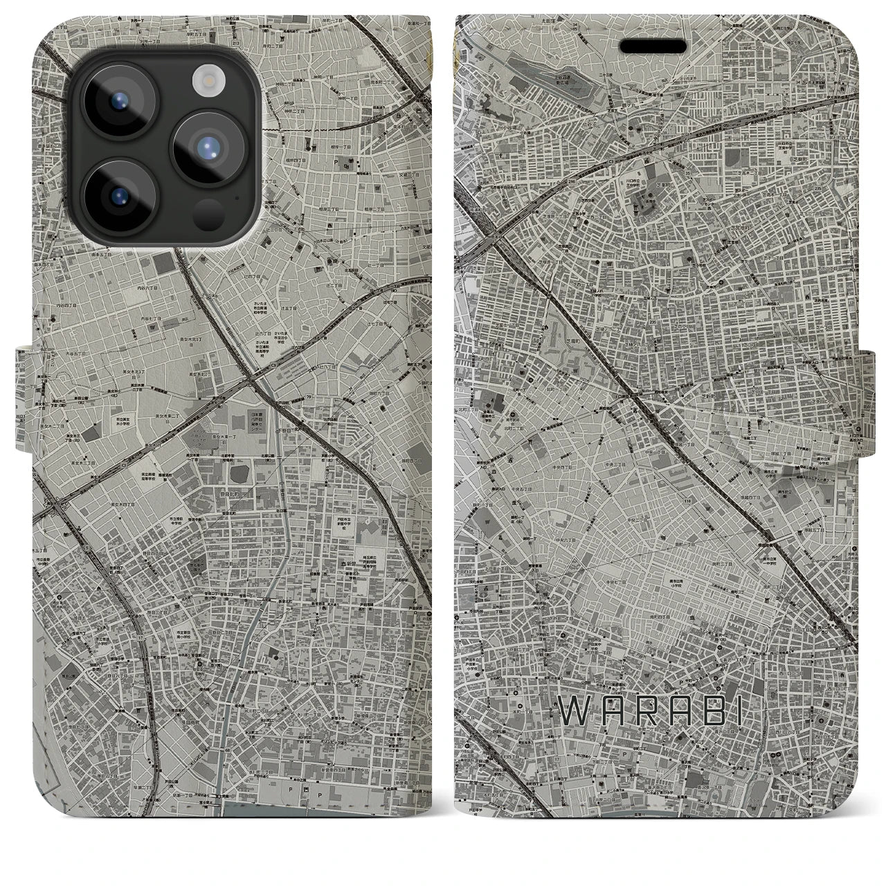【蕨(埼玉県)】地図柄iPhoneケース(手帳タイプ)モノトーン・iPhone 15 Pro Max 用
