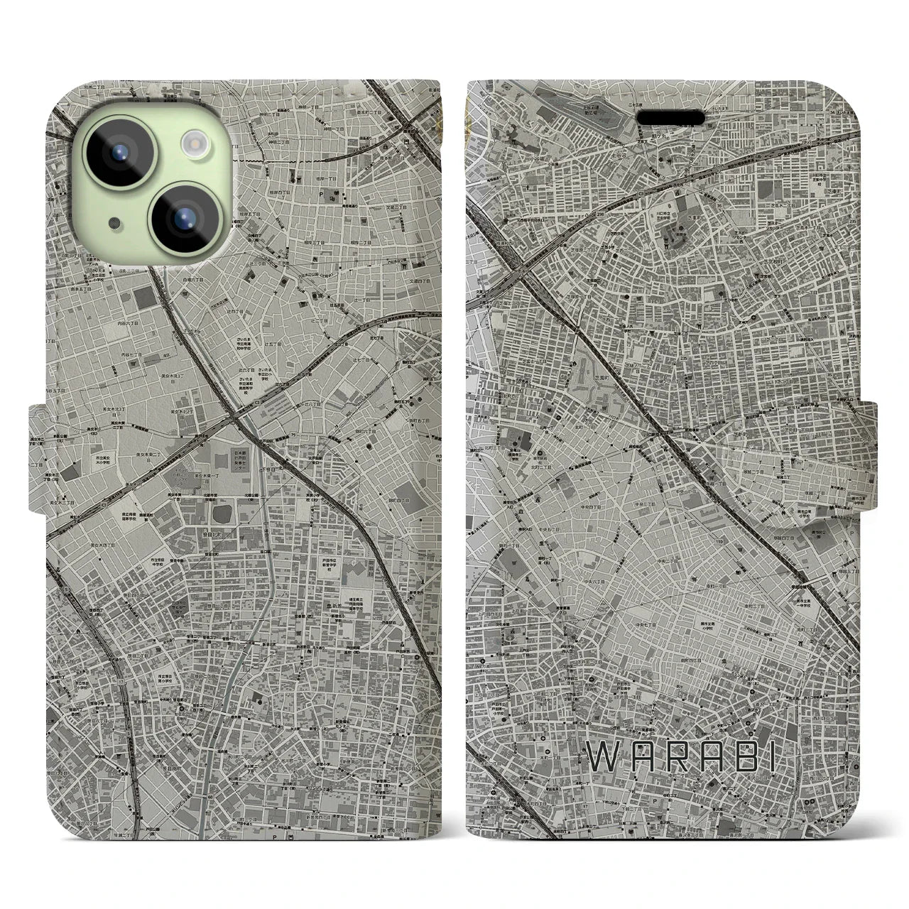【蕨(埼玉県)】地図柄iPhoneケース(手帳タイプ)モノトーン・iPhone 15 用
