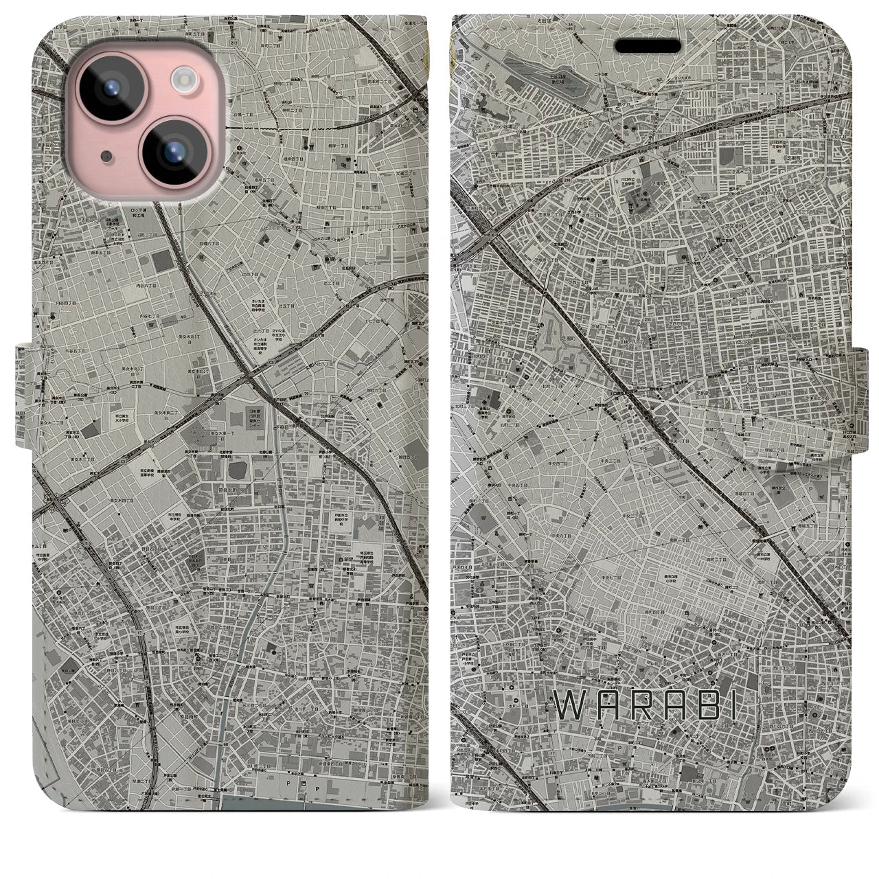 【蕨(埼玉県)】地図柄iPhoneケース(手帳タイプ)モノトーン・iPhone 15 Plus 用
