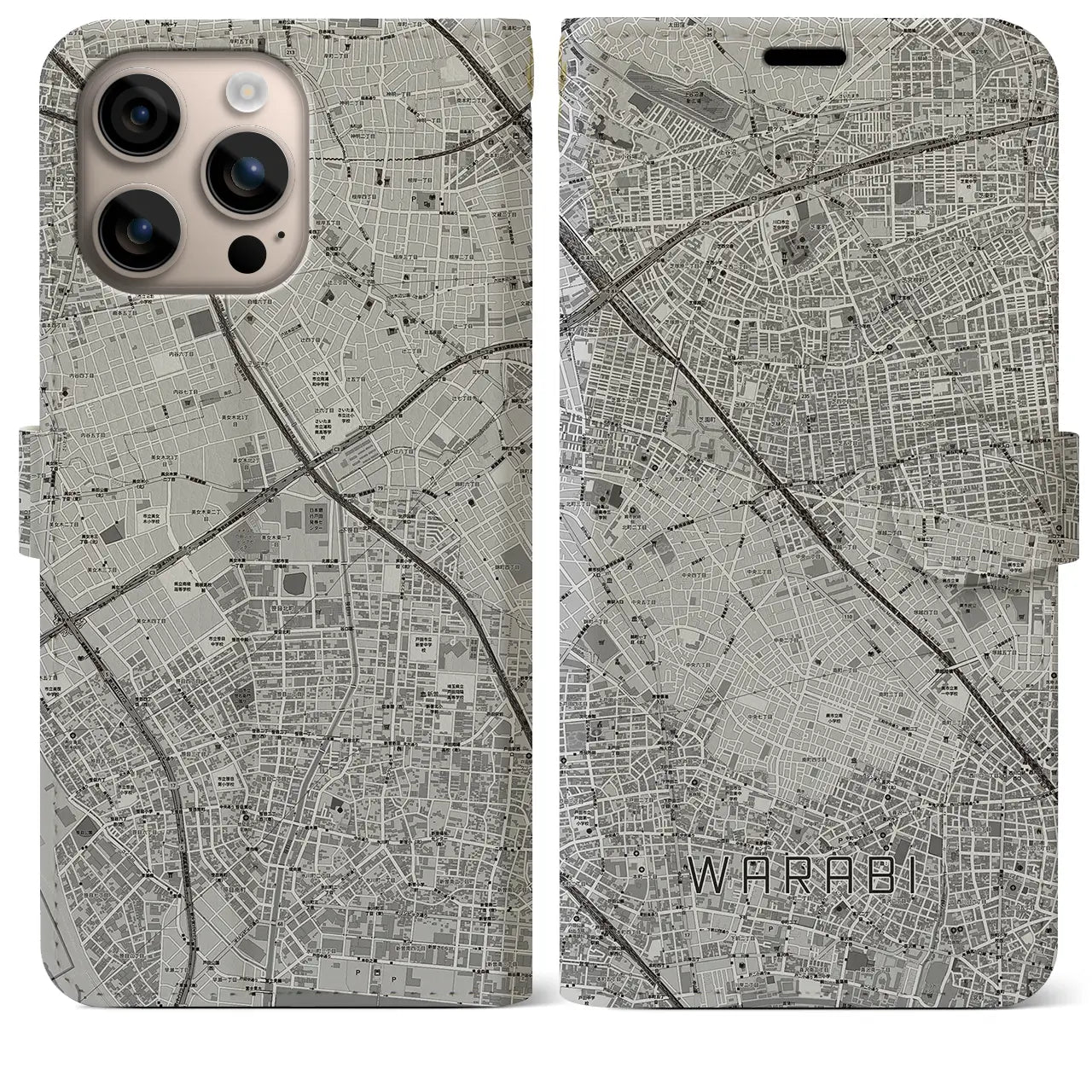 【蕨(埼玉県)】地図柄iPhoneケース(手帳タイプ)モノトーン・iPhone 16 Plus 用