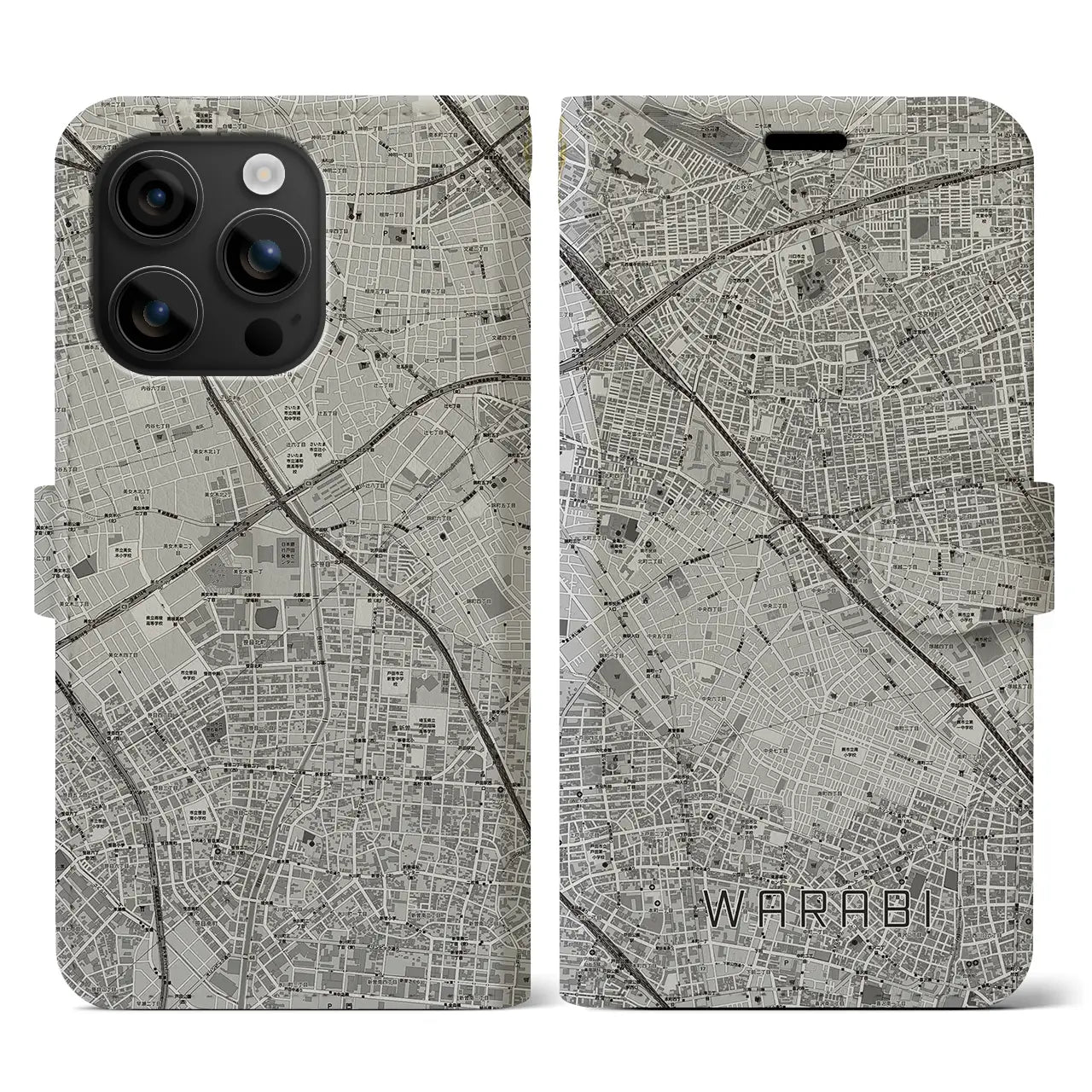 【蕨(埼玉県)】地図柄iPhoneケース(手帳タイプ)モノトーン・iPhone 16 用