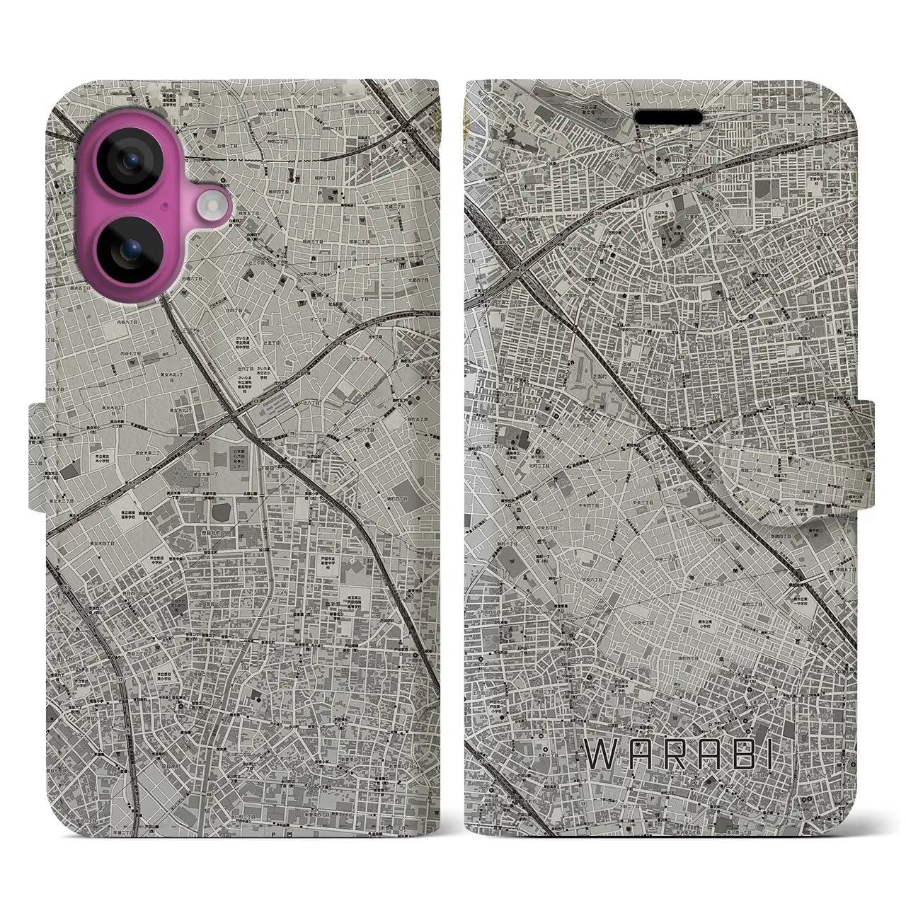 【蕨(埼玉県)】地図柄iPhoneケース(手帳タイプ)モノトーン・iPhone 16 Pro 用